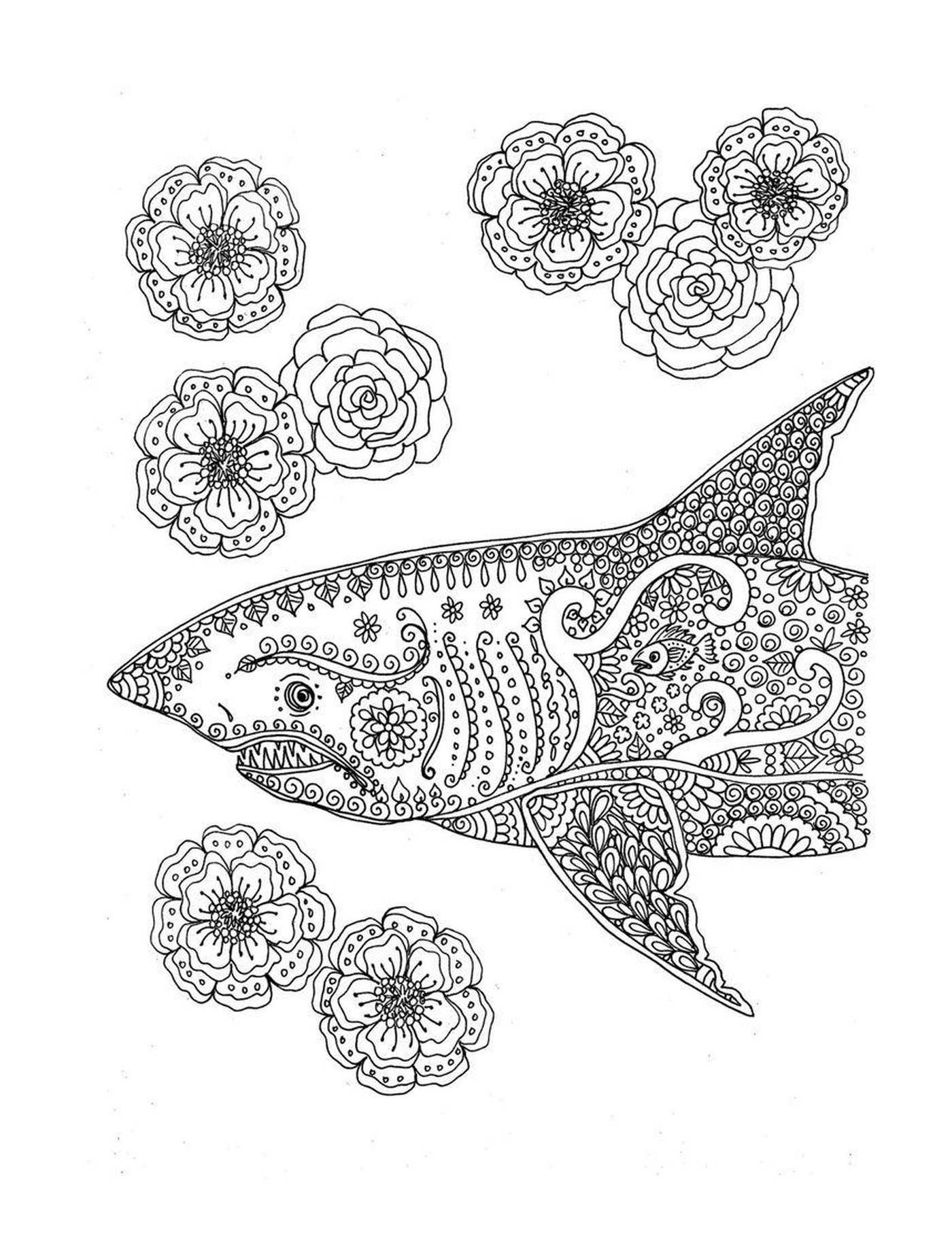  Tubarão decorado com motivos florais 