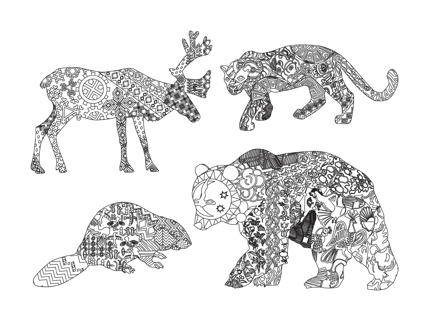  Grupo de animais desenhados com motivos 