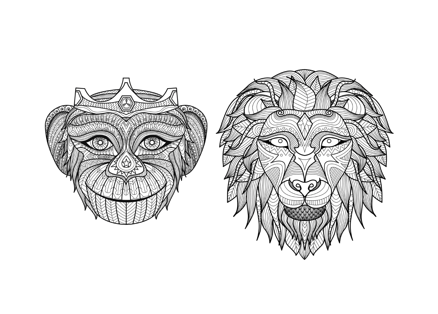  Dois desenhos em preto e branco de um leão e um macaco 