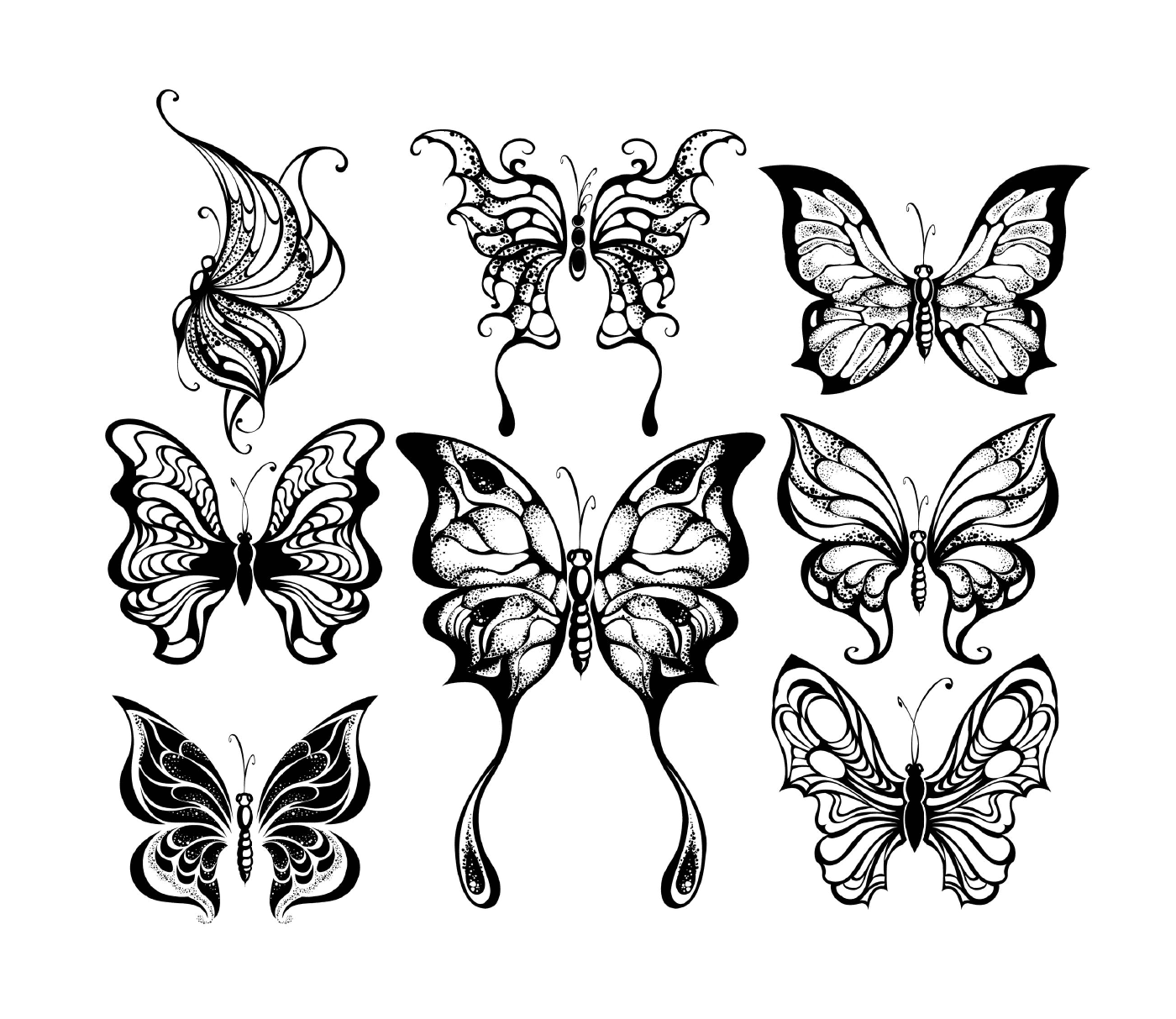  Um conjunto de nove borboletas em preto e branco 