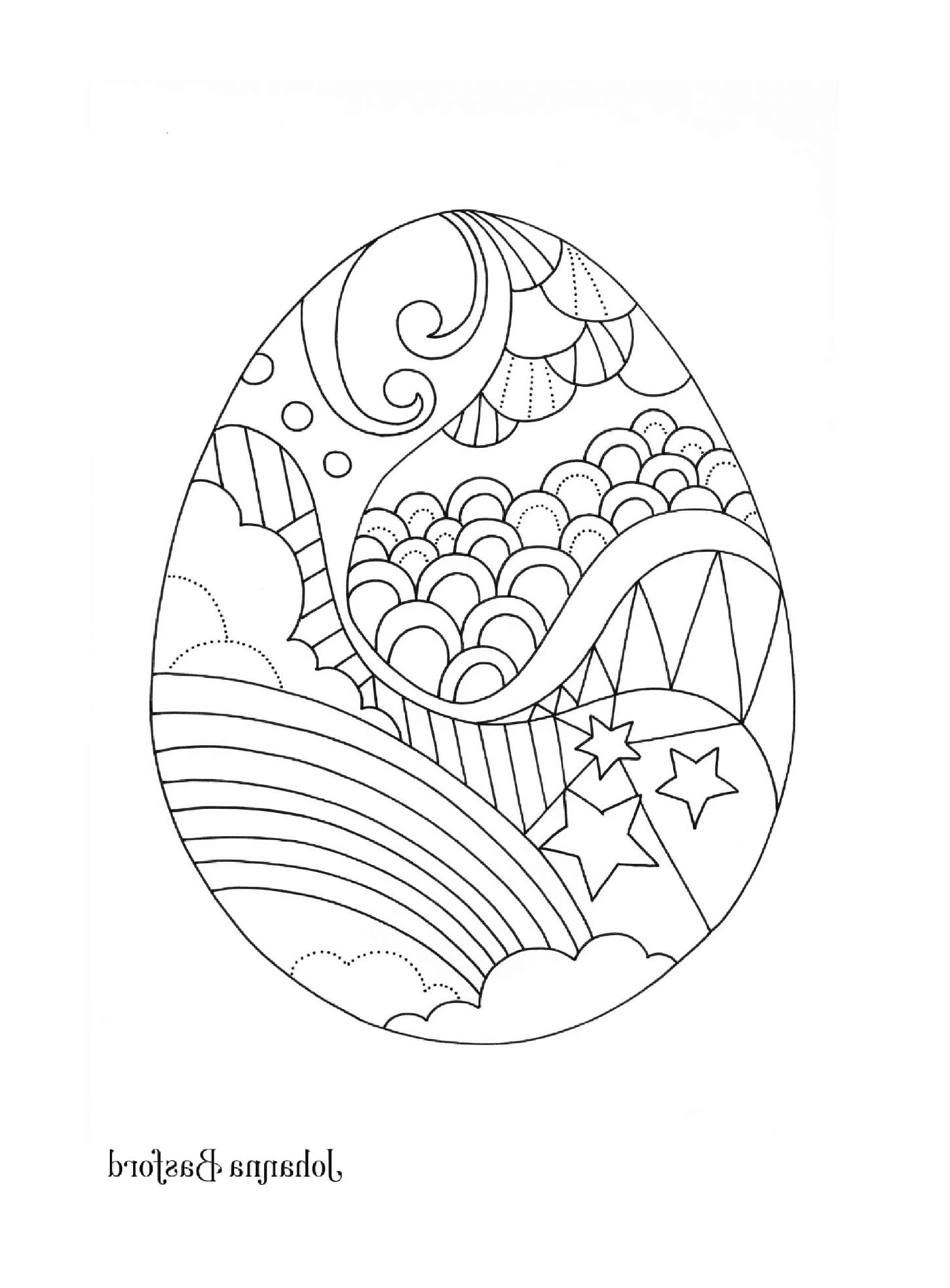  Um ovo de Páscoa decorado com um arco-íris, nuvens, estrelas e outros padrões 