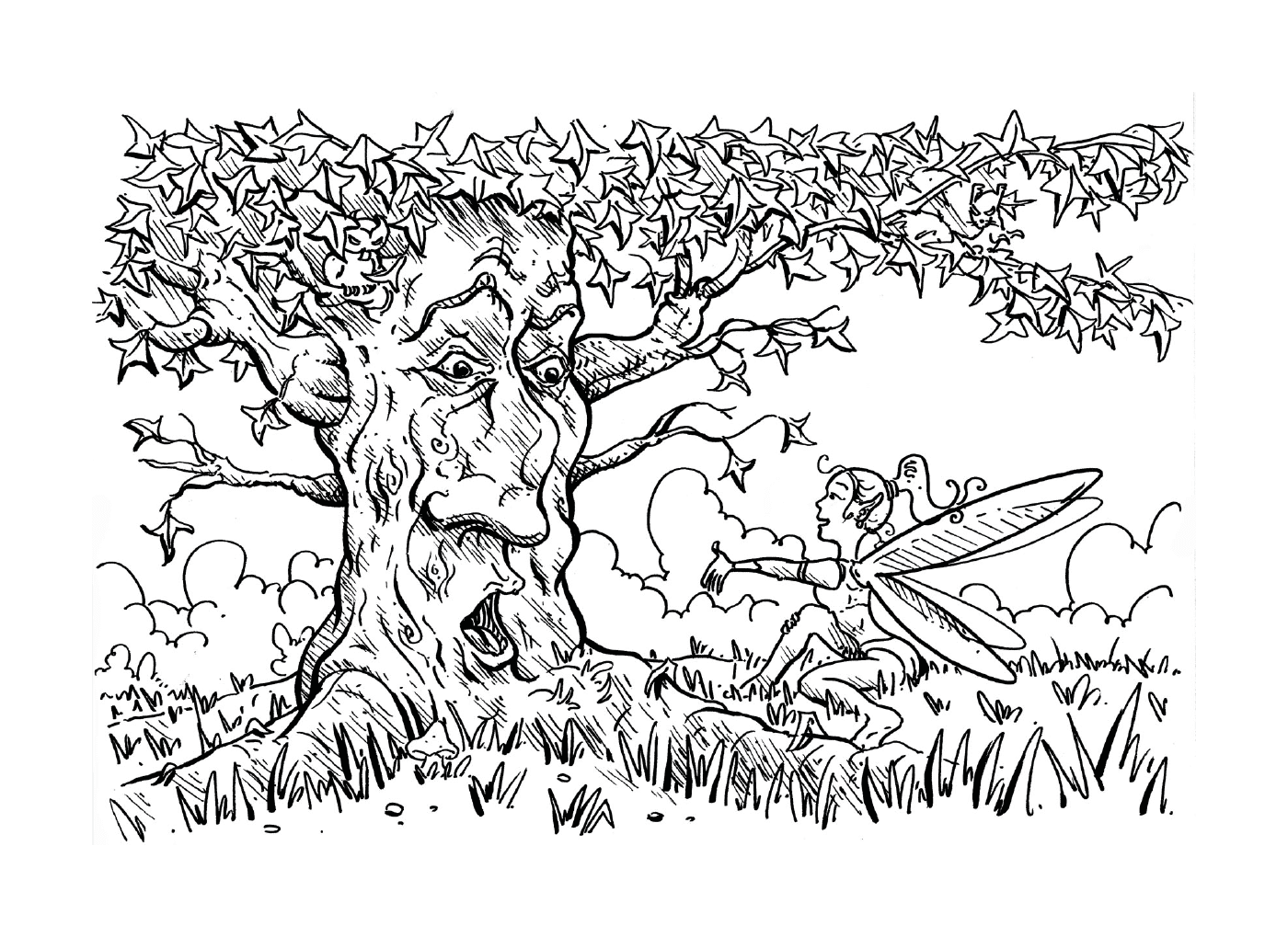  Um desenho de tinta com um elfo e uma árvore 