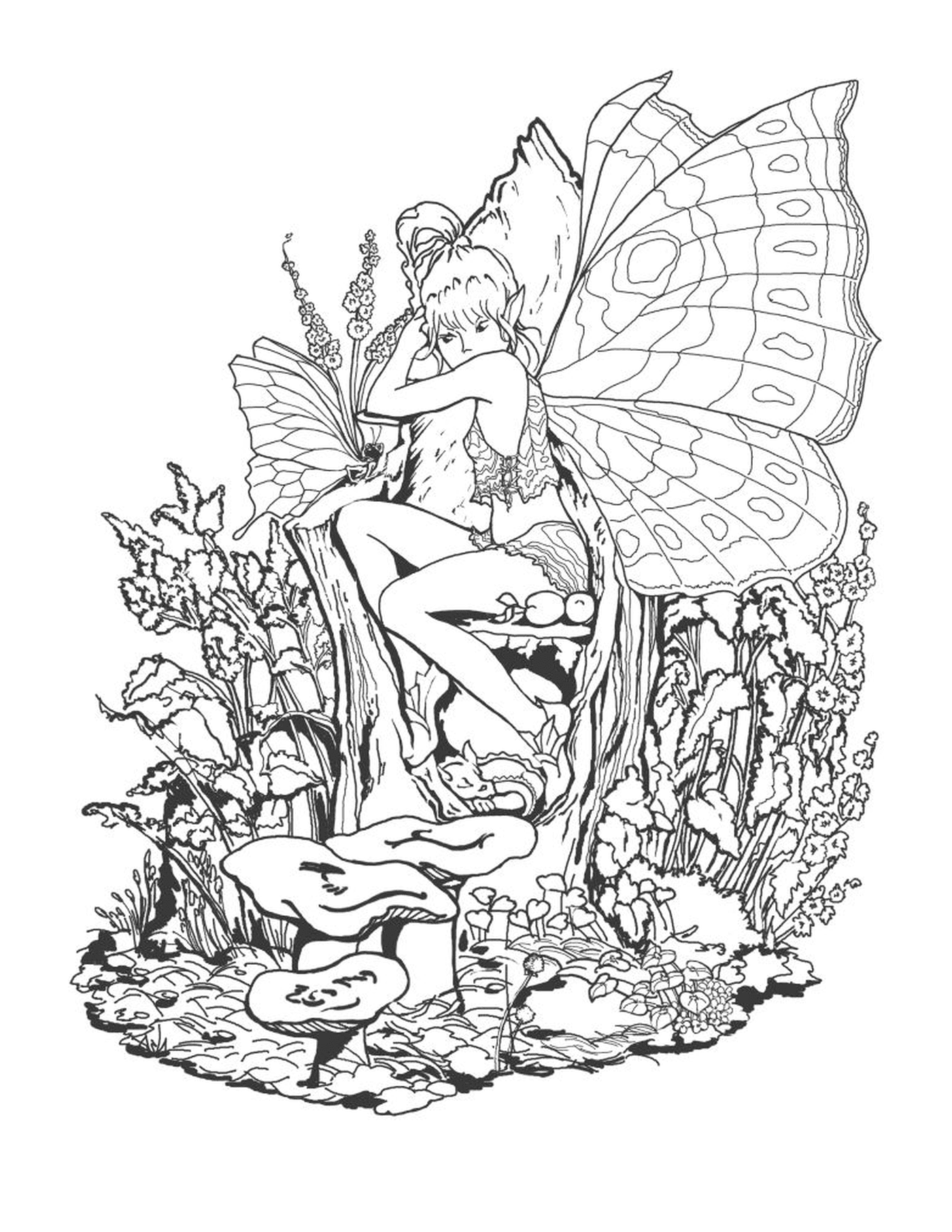  一个仙女坐在蘑菇上 手里拿着蝴蝶的仙女 