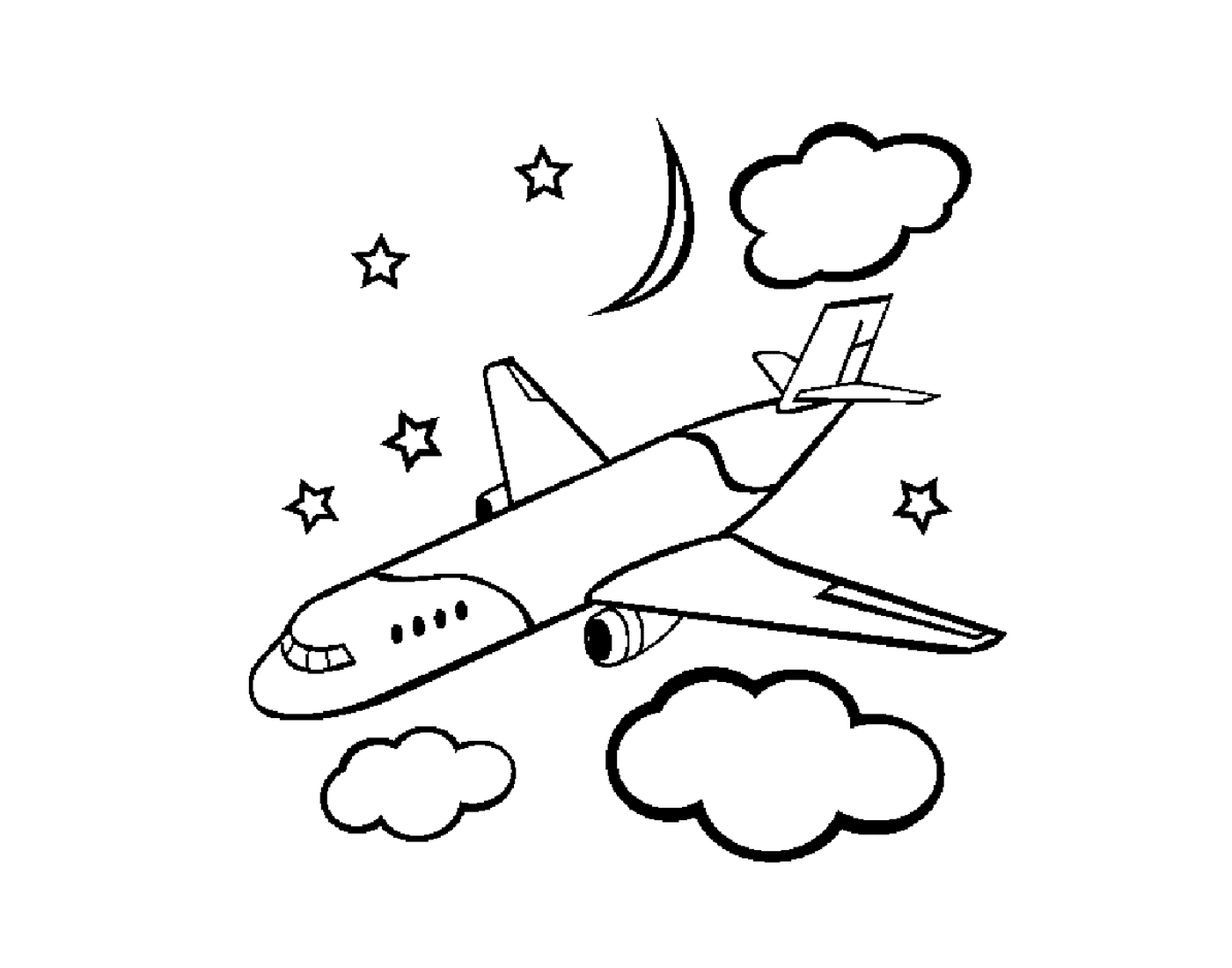  Um avião voa no céu com nuvens e estrelas 