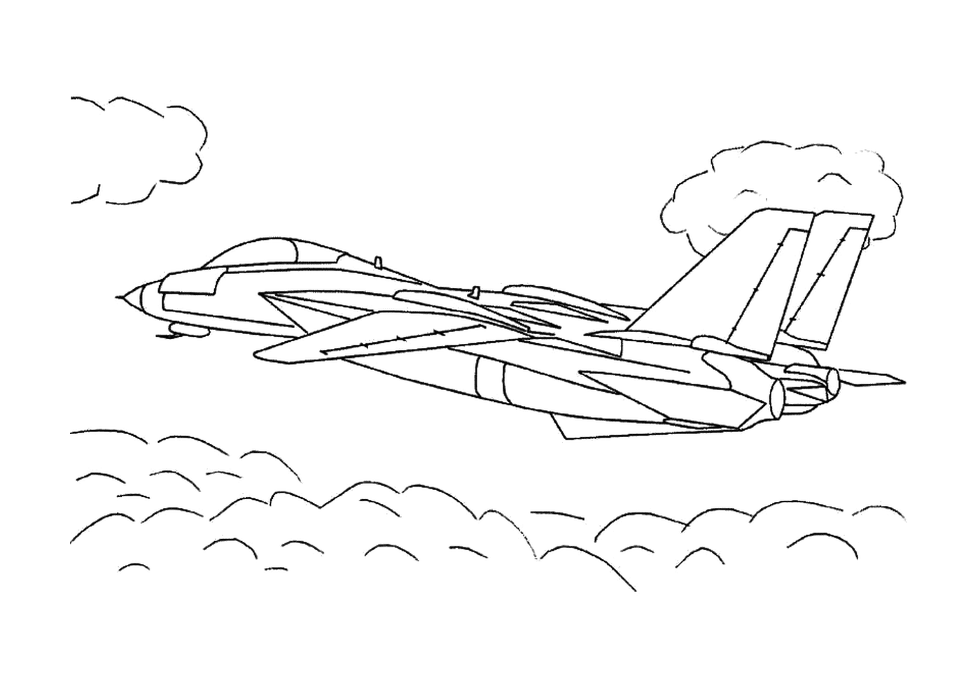  Um avião de caça voa através do céu 