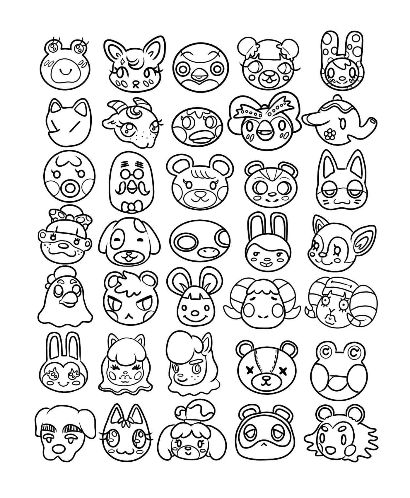  Kawaii, desenho de diferentes cabeças de animais em tinta preta 