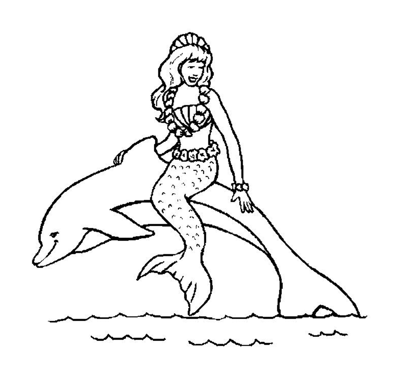  一个女人在水中骑着海豚 