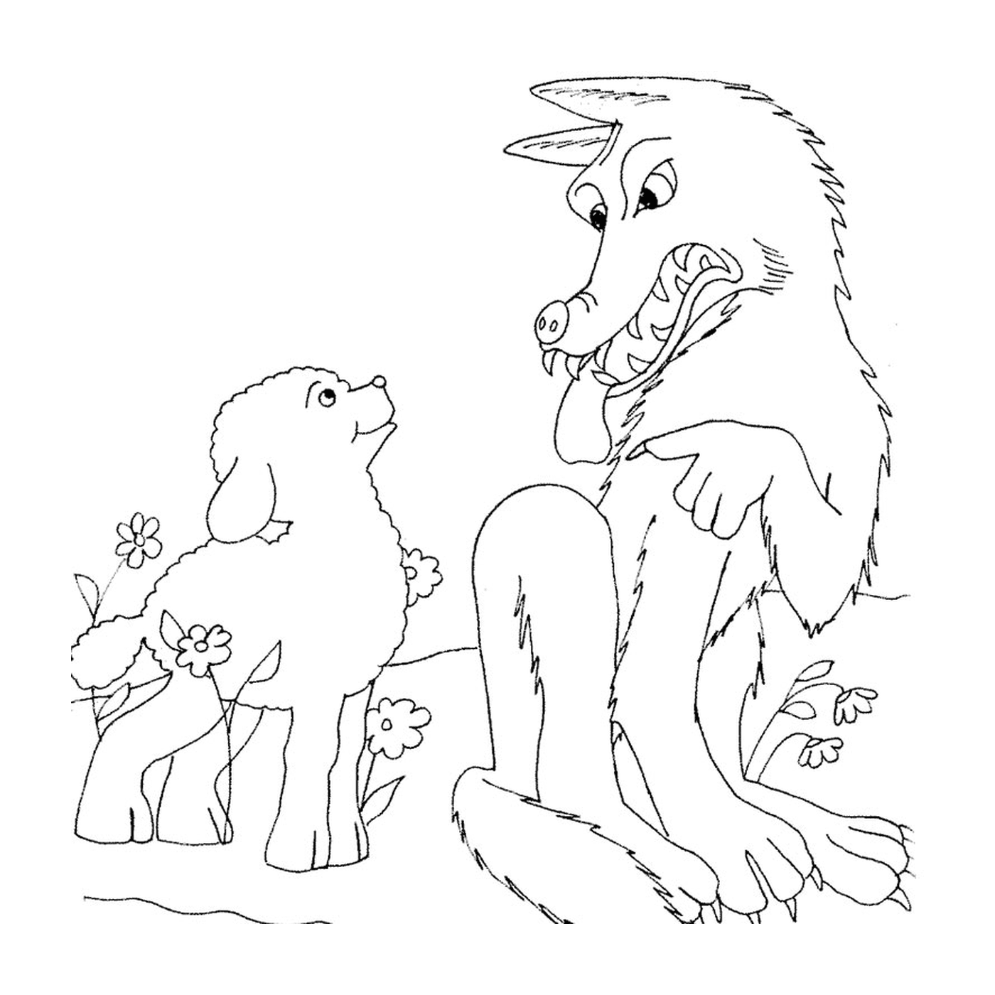  एक वयस्क और एक बच्चा भेड़िया एक क्षेत्र में बैठे 