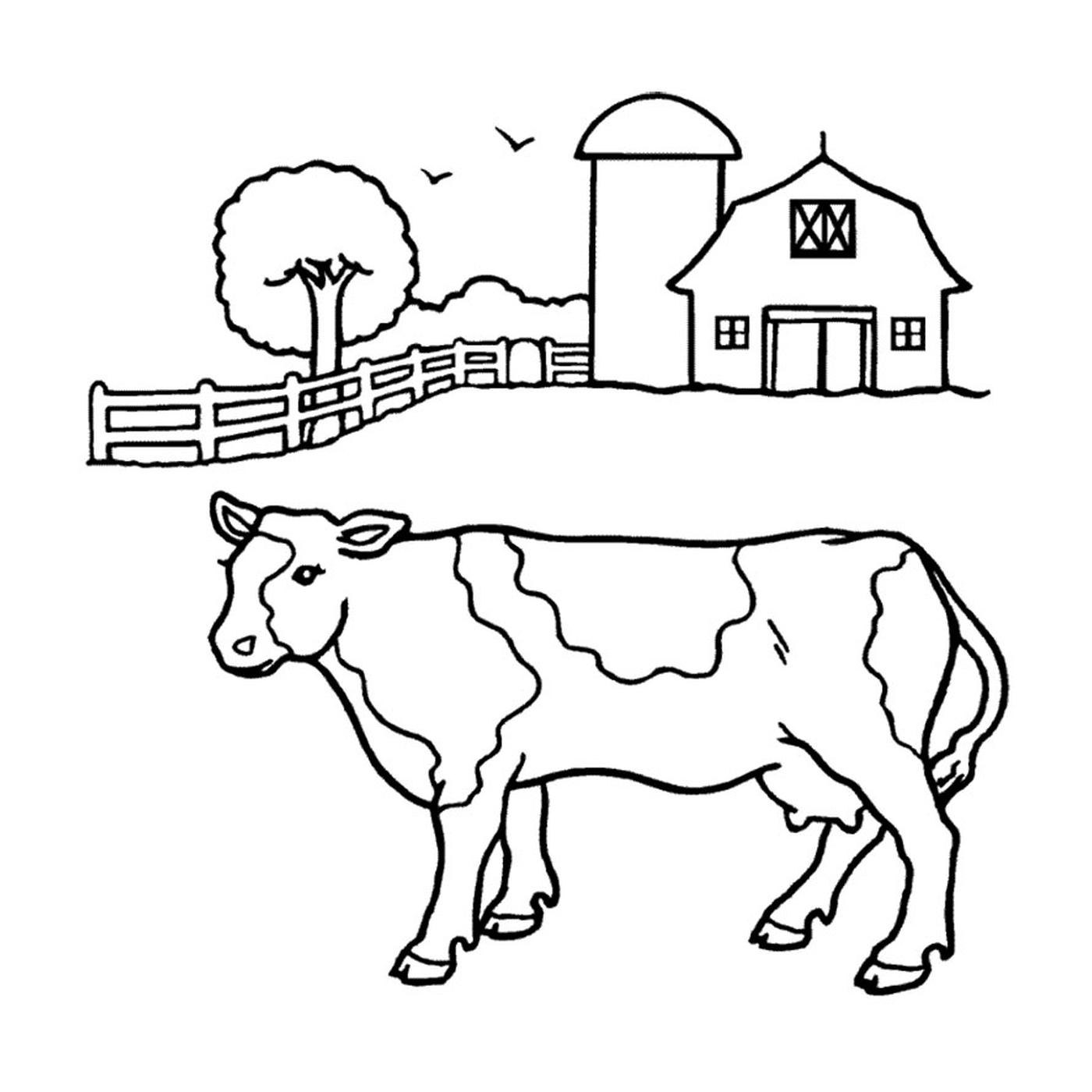  一头奶牛站在谷仓前面 