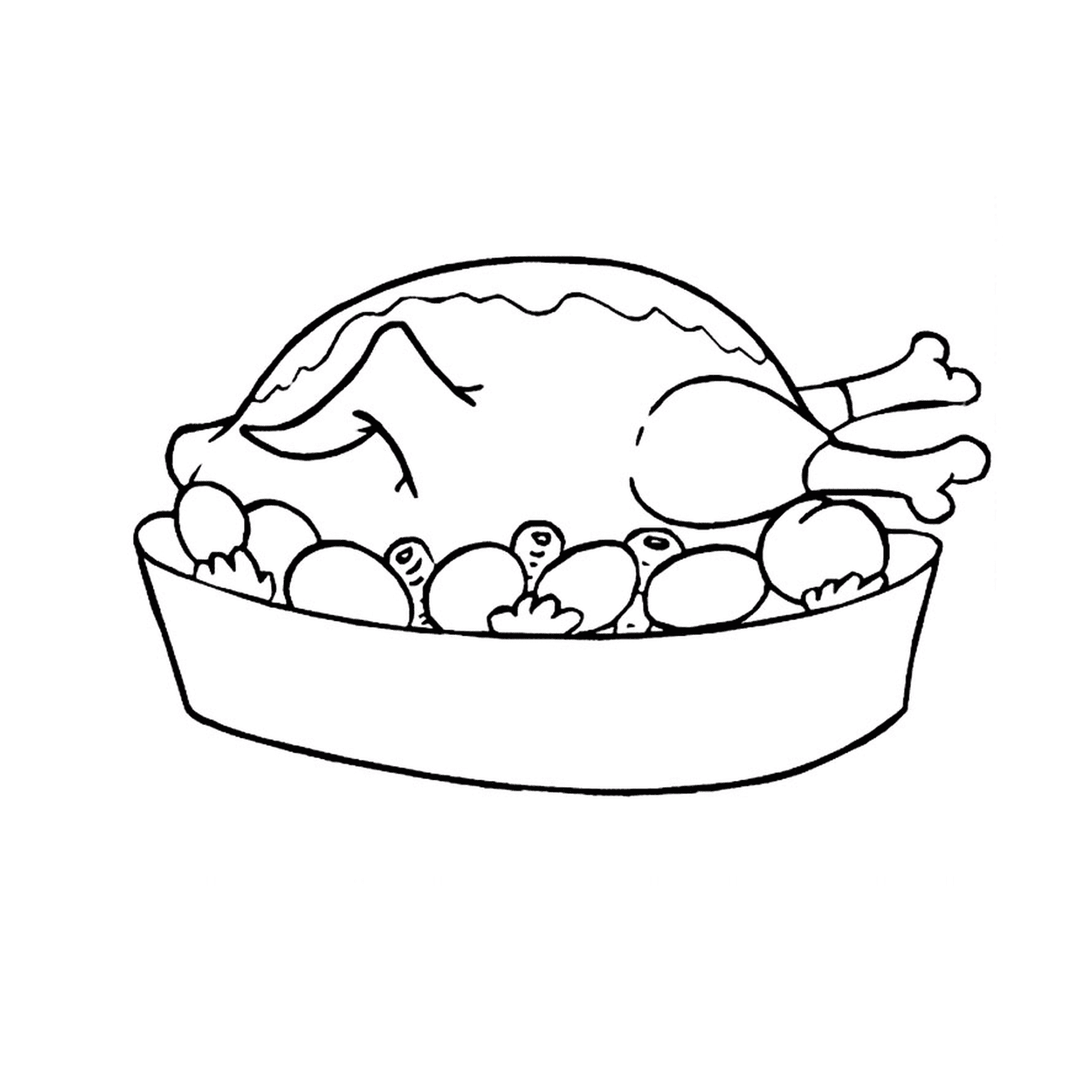  Uma galinha em uma tigela 
