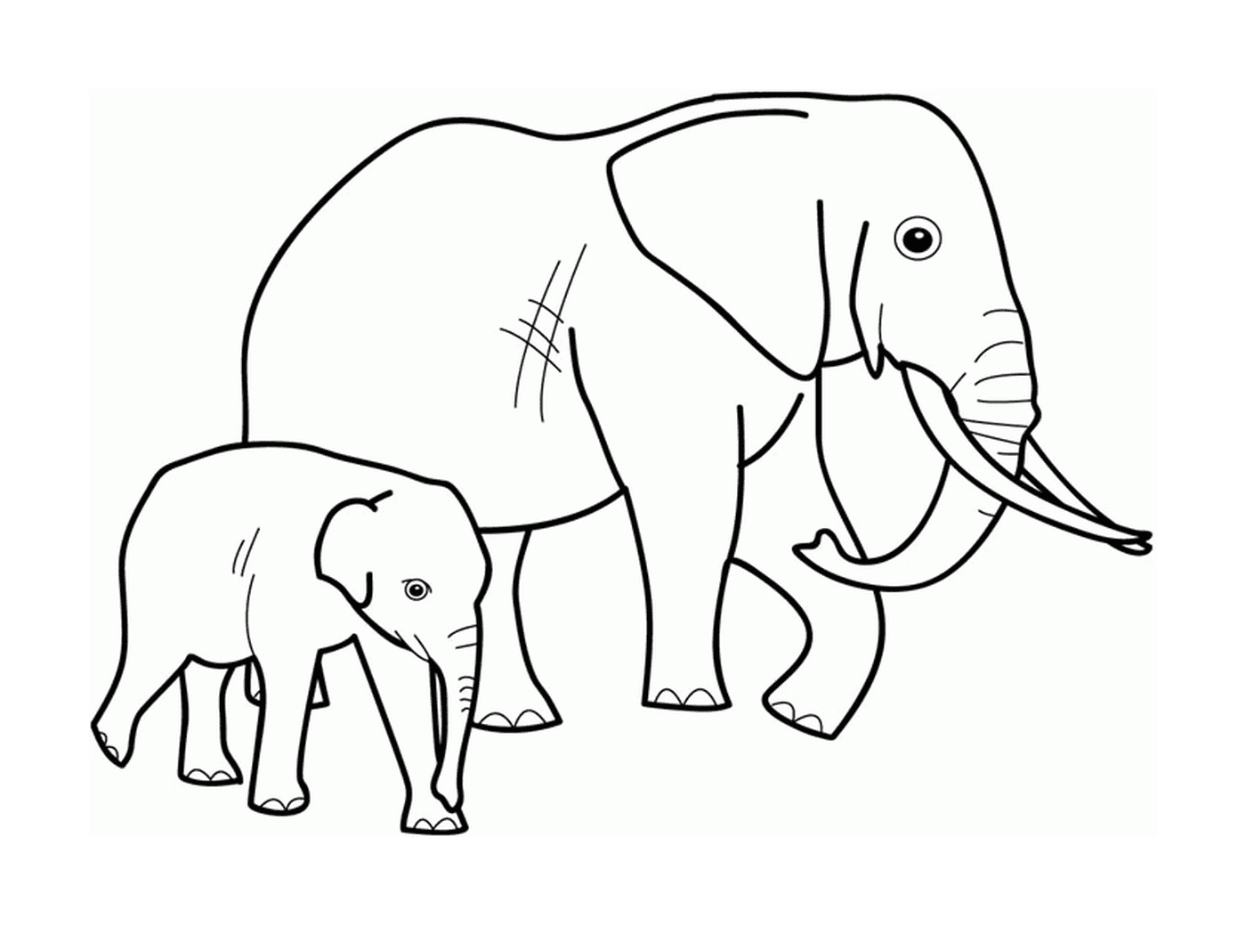  एक वयस्क हाथी और हाथी एक दूसरे के बगल में 