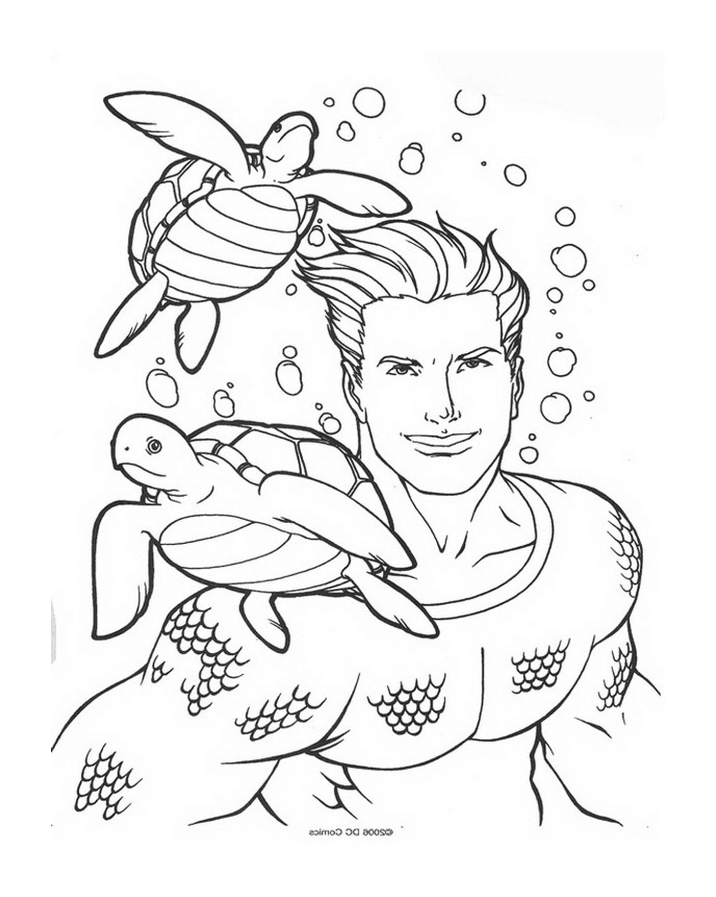  Um homem e uma tartaruga nadando na água 