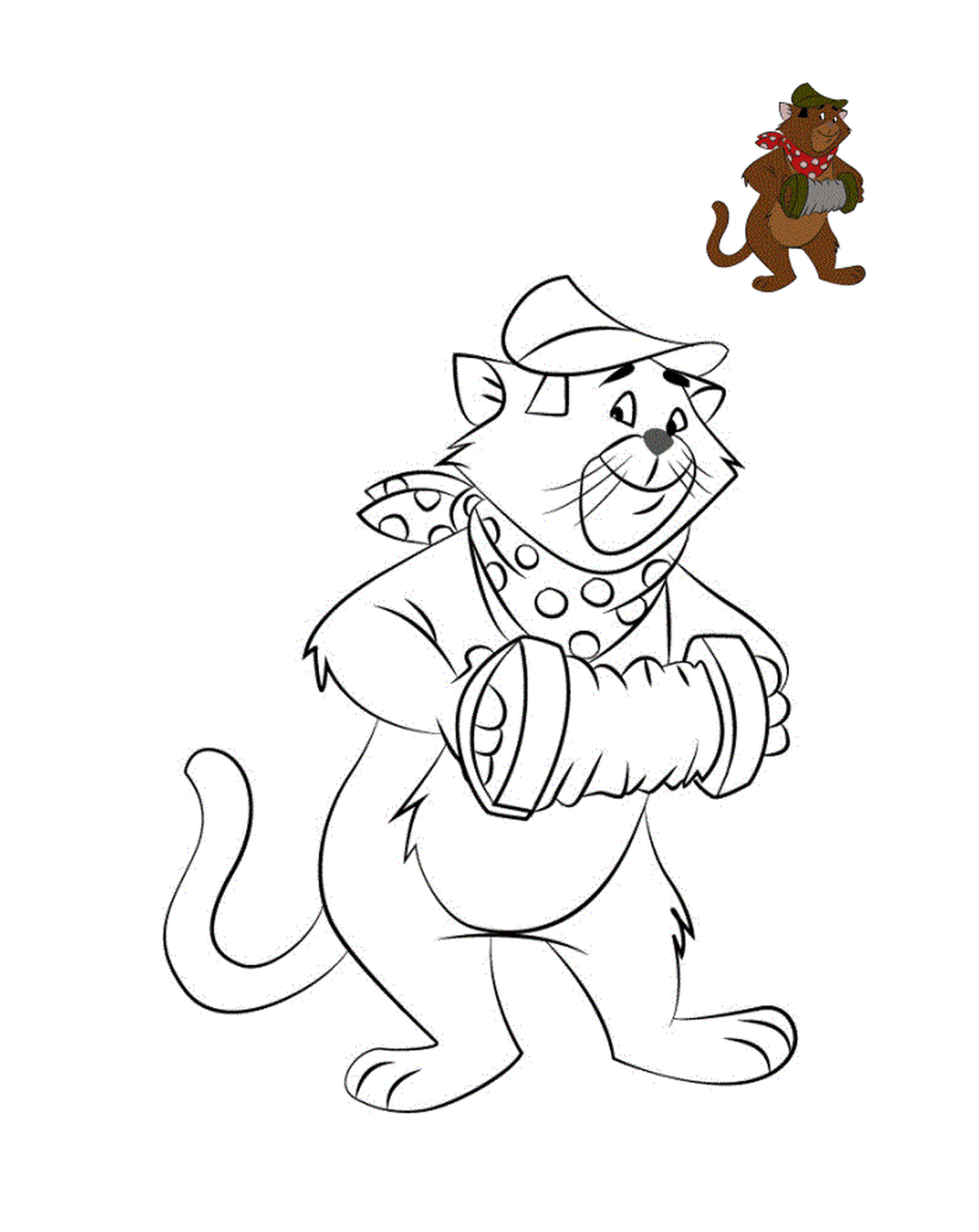  Um gato segurando uma lata e de pé ao lado de um macaco 