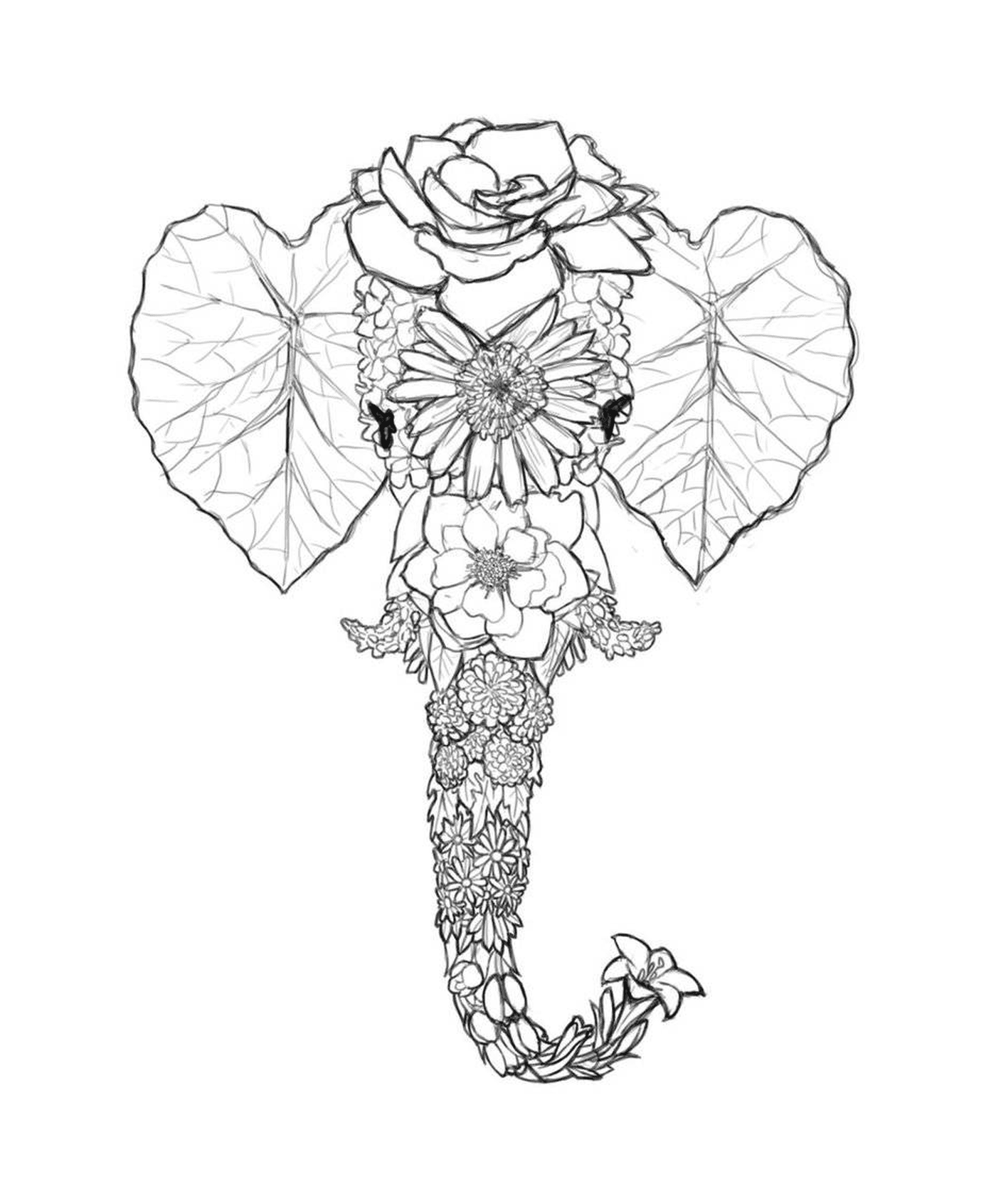  Um elefante com uma rosa e uma flor em seu tronco 