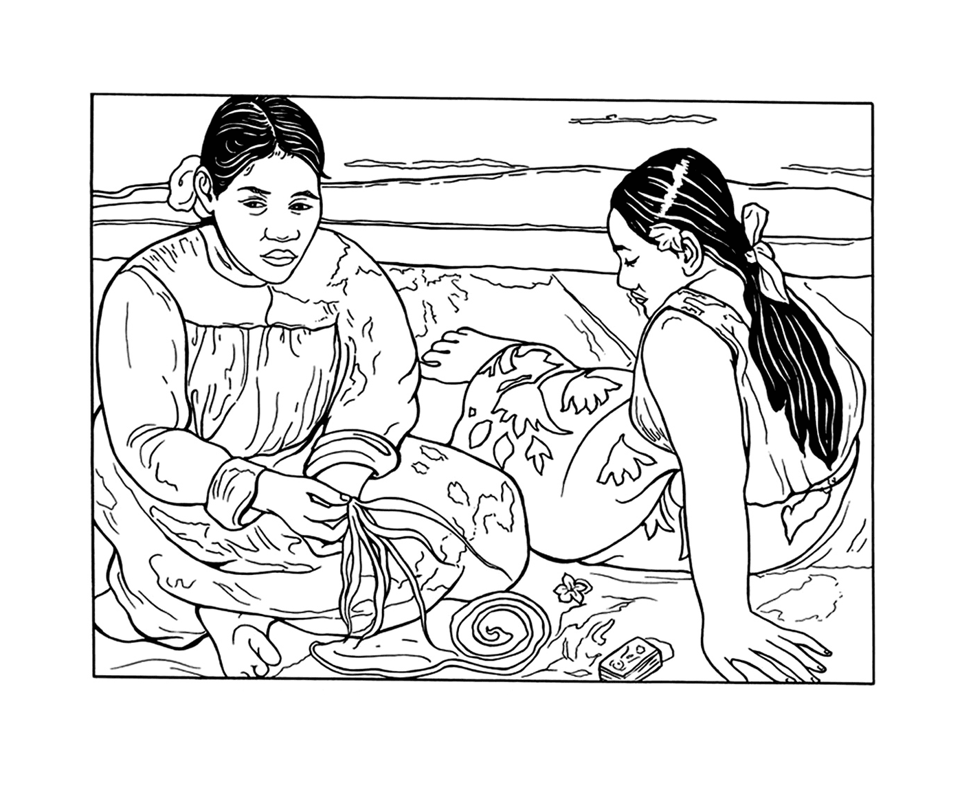  समुद्र तट पर एक चादर पर बैठे दो औरतें 