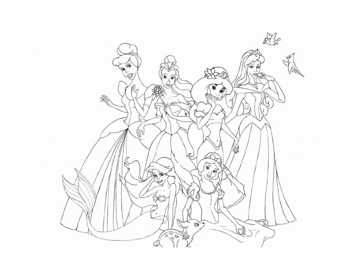  Um grupo de princesas da Disney sentadas e de pé juntas 