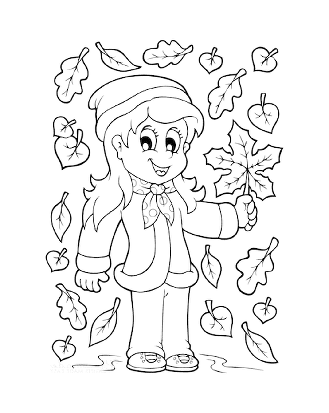  Uma menina segurando uma folha perto de uma árvore 