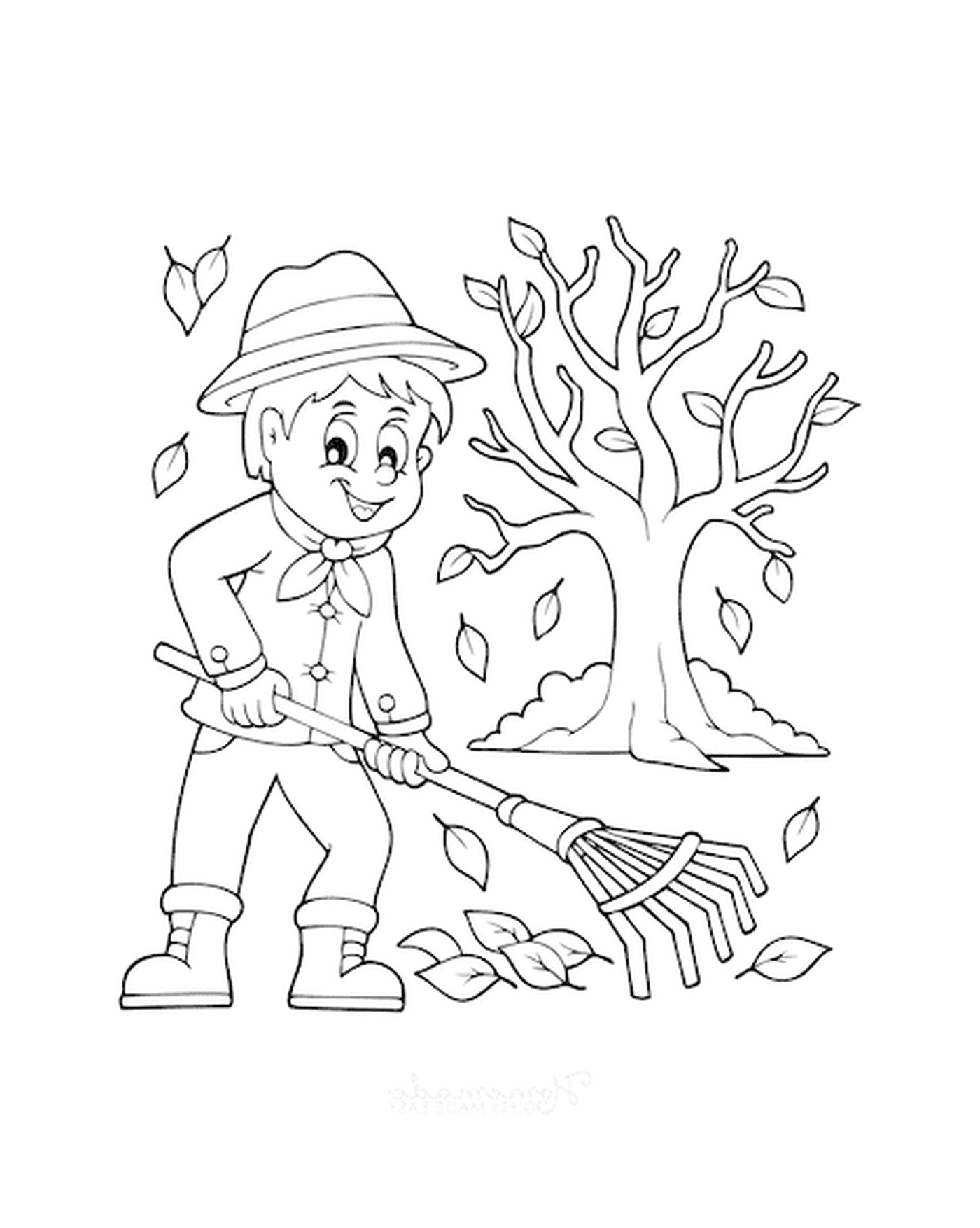  Um menino batendo as folhas na frente de uma árvore 