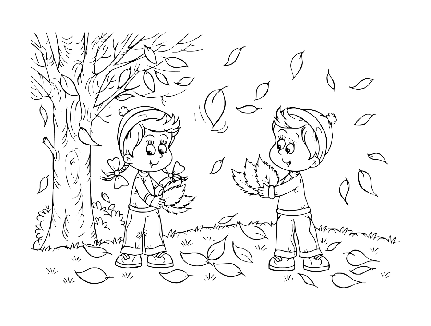  Duas crianças brincando com folhas em um parque 