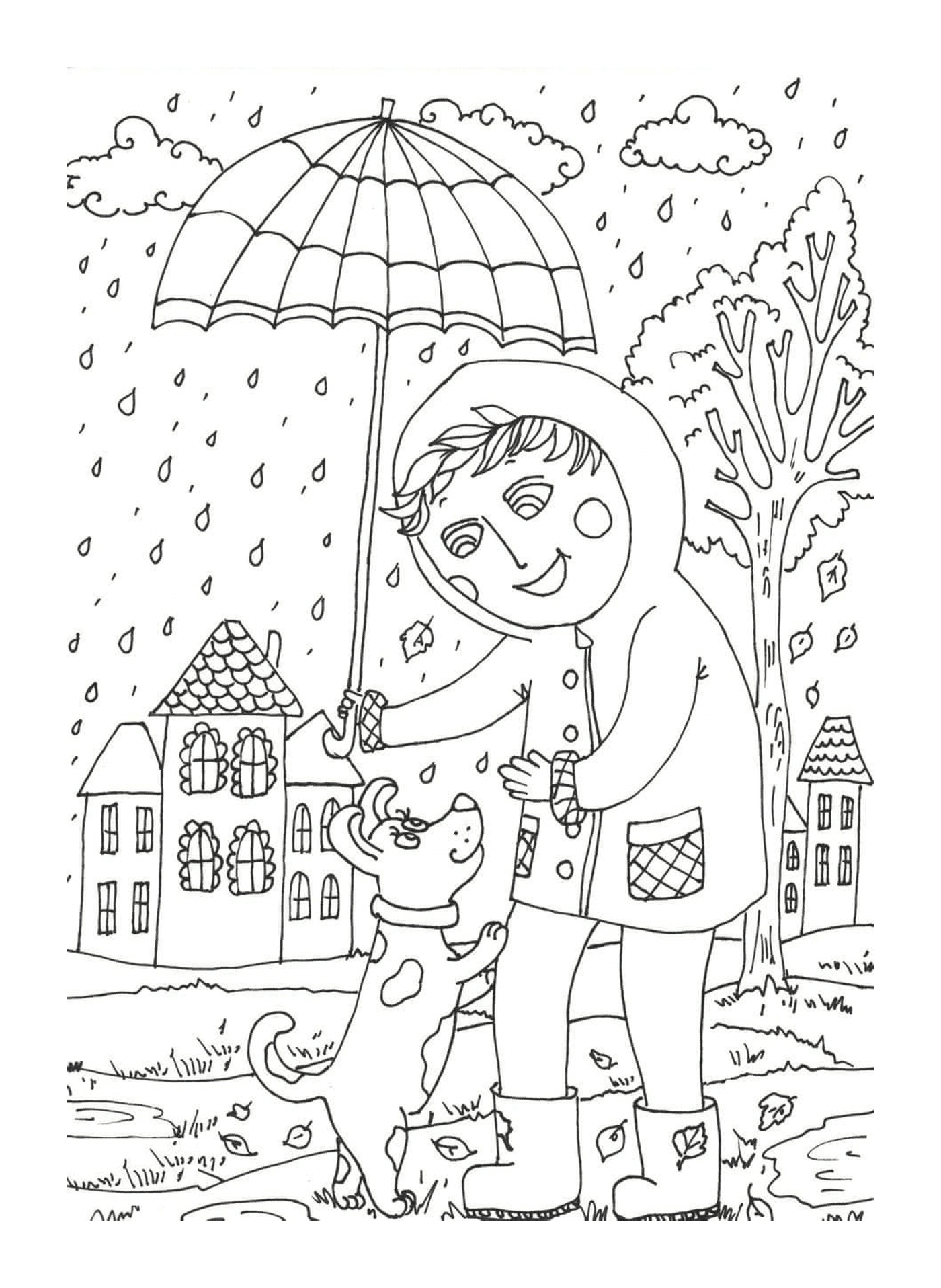  Uma criança segurando um guarda-chuva acima de um cão 