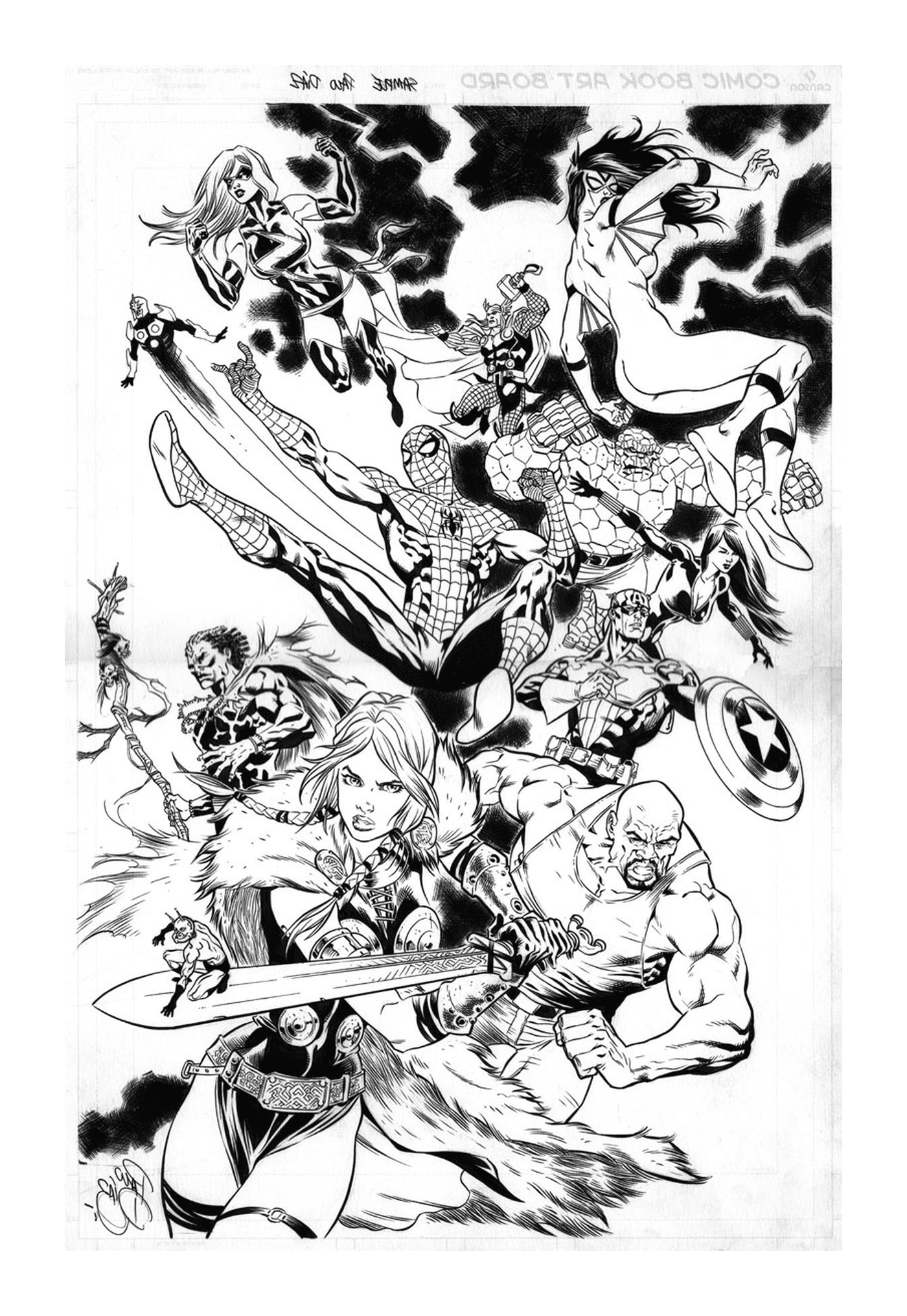  Um grupo de super-heróis em preto e branco 