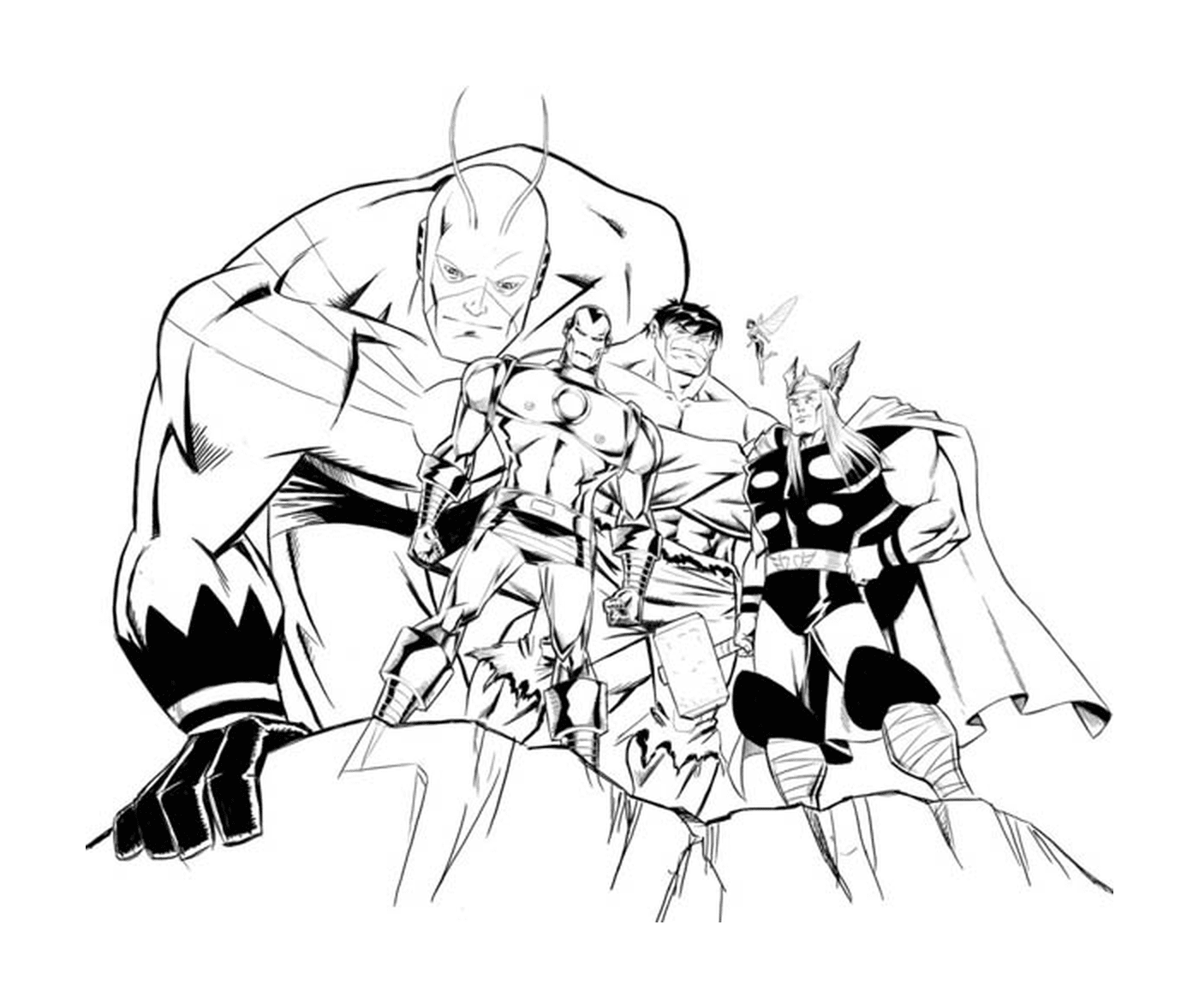  Um grupo de super-heróis em pé lado a lado 