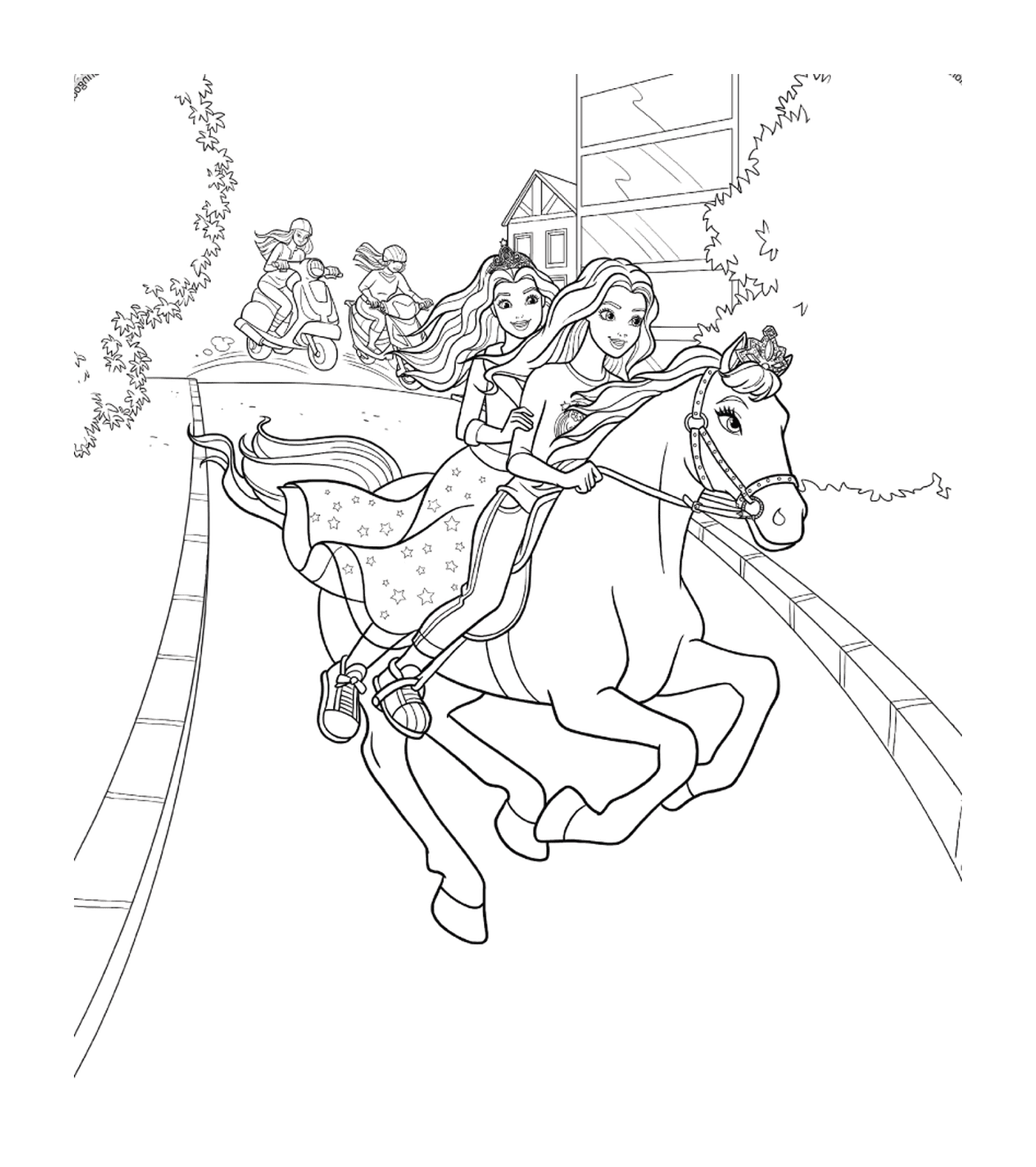  Duas mulheres montando um cavalo 
