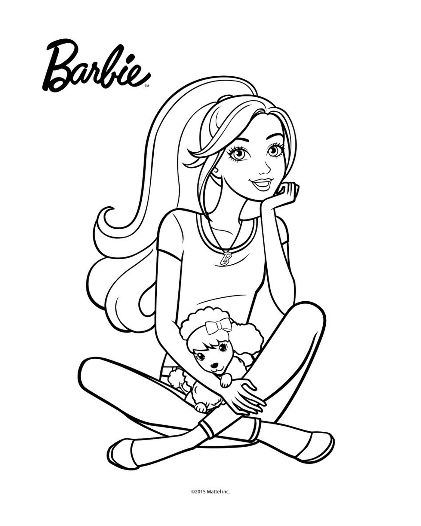  Barbie sentada no chão segurando uma boneca 