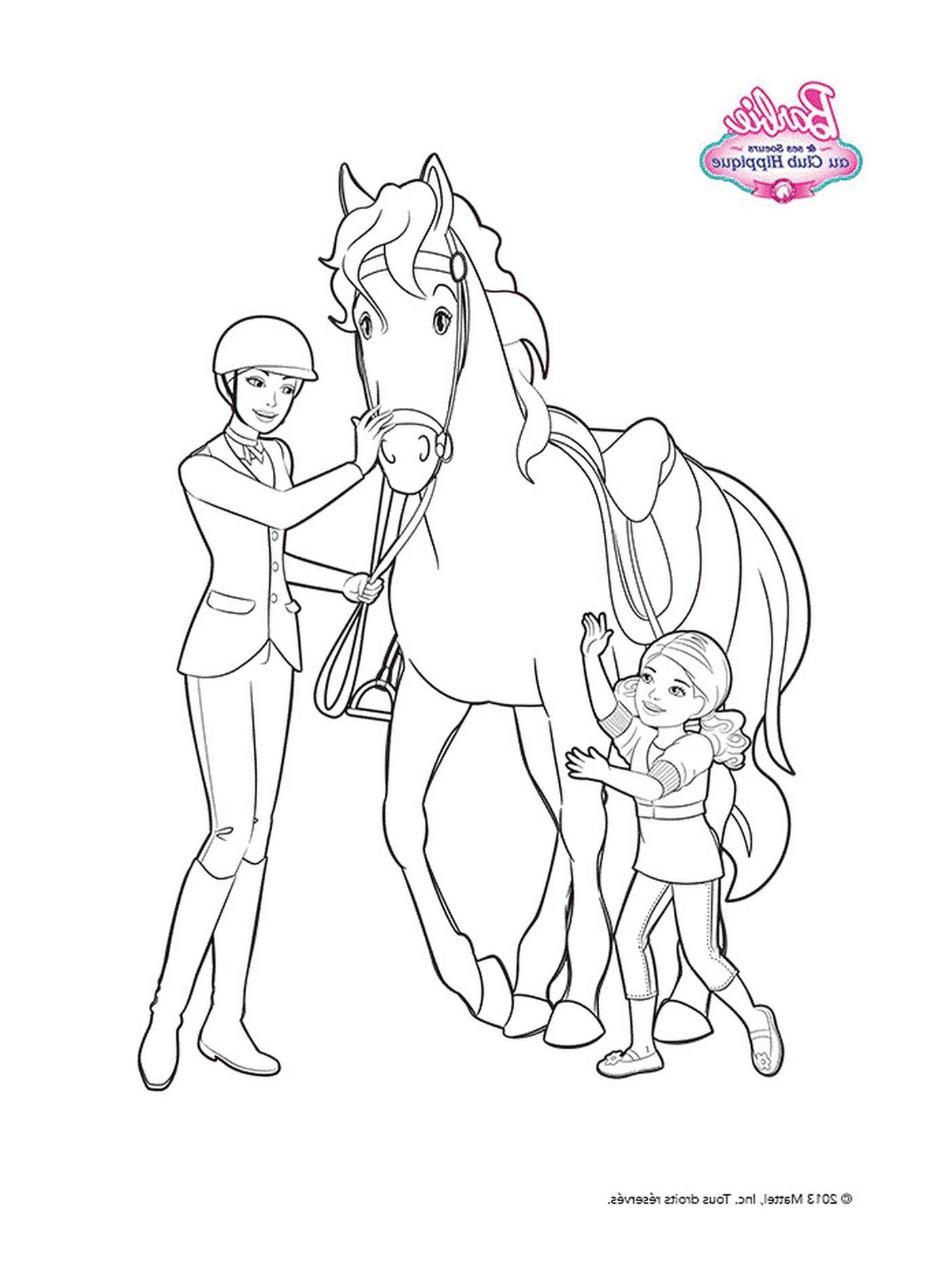  芭比和一个小女孩 站在一匹马旁边 