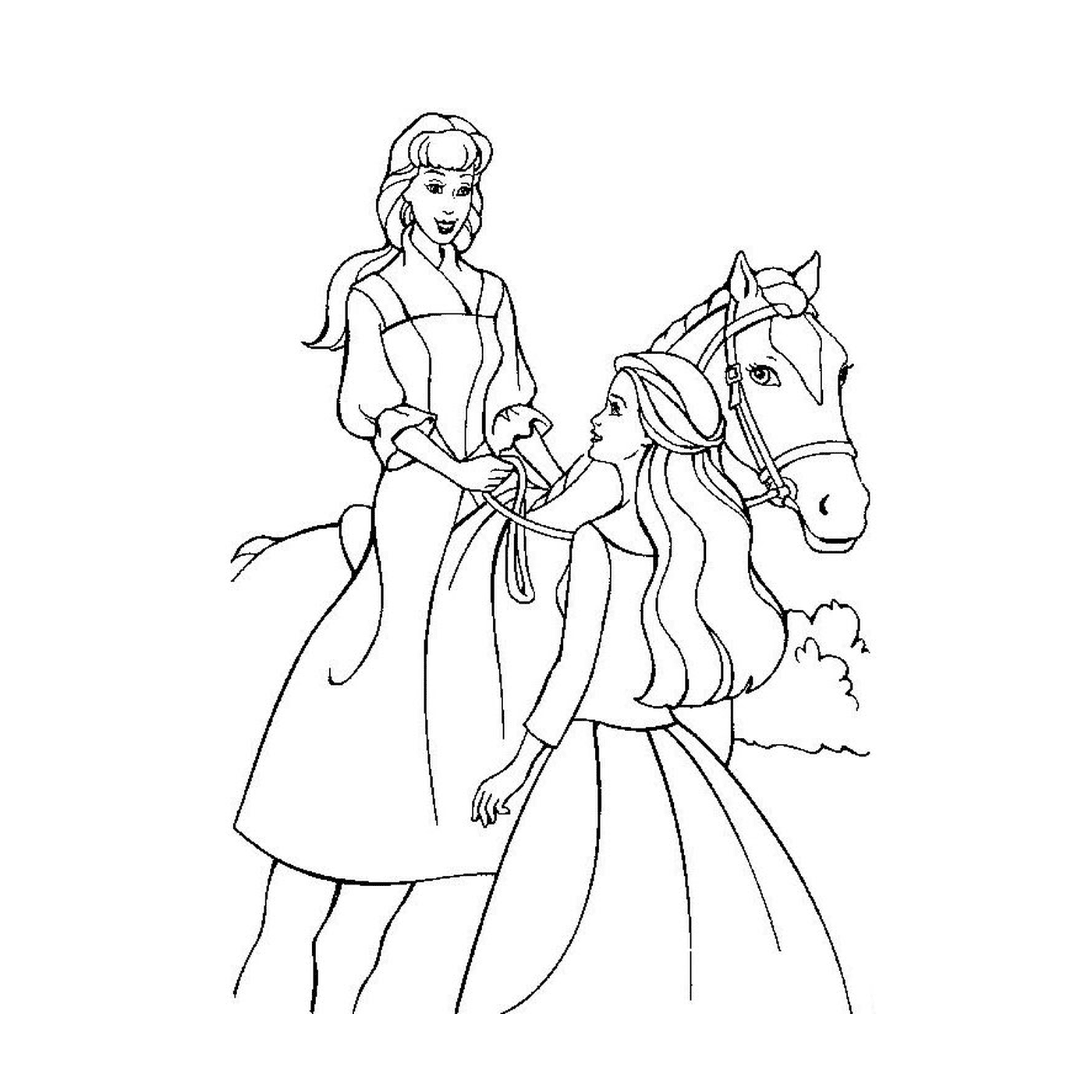  Cavalo Barbie com duas mulheres jovens a cavalo 