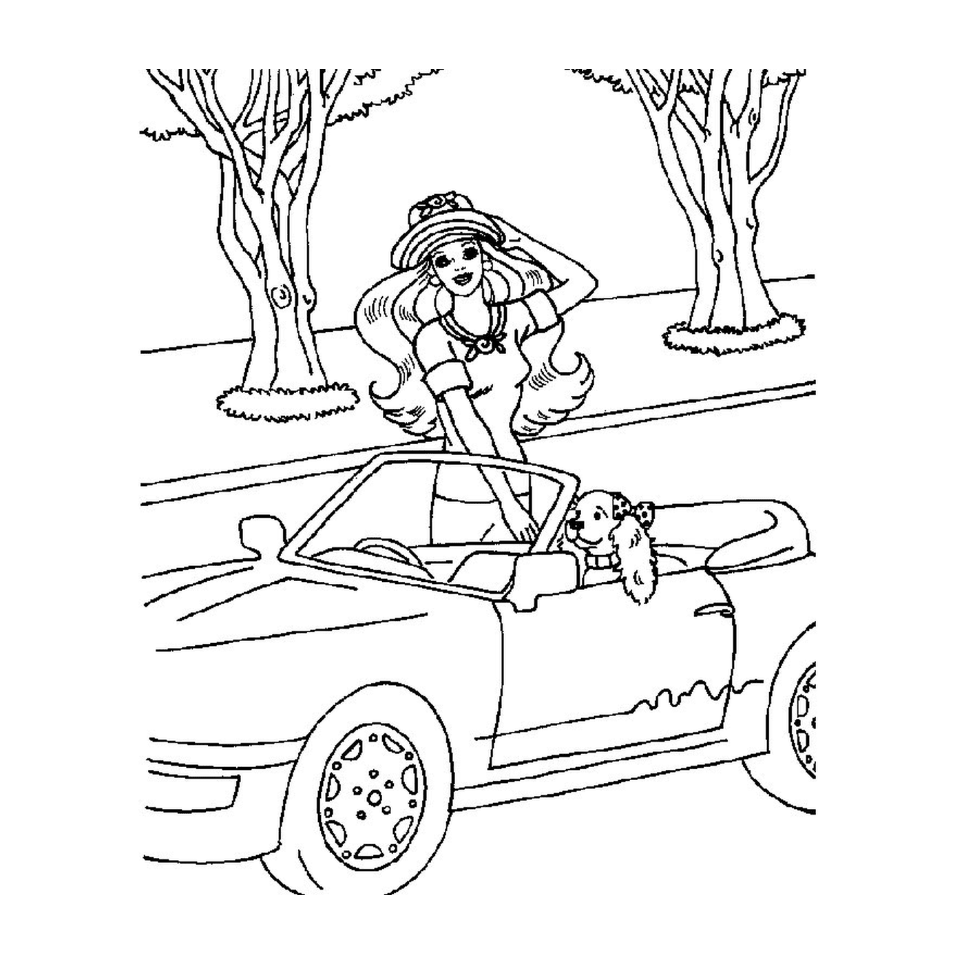  芭比车和一个女人和一条狗 