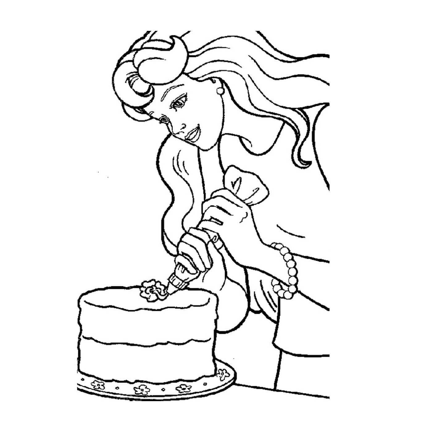  Barbie virtual com uma mulher decorando um bolo 