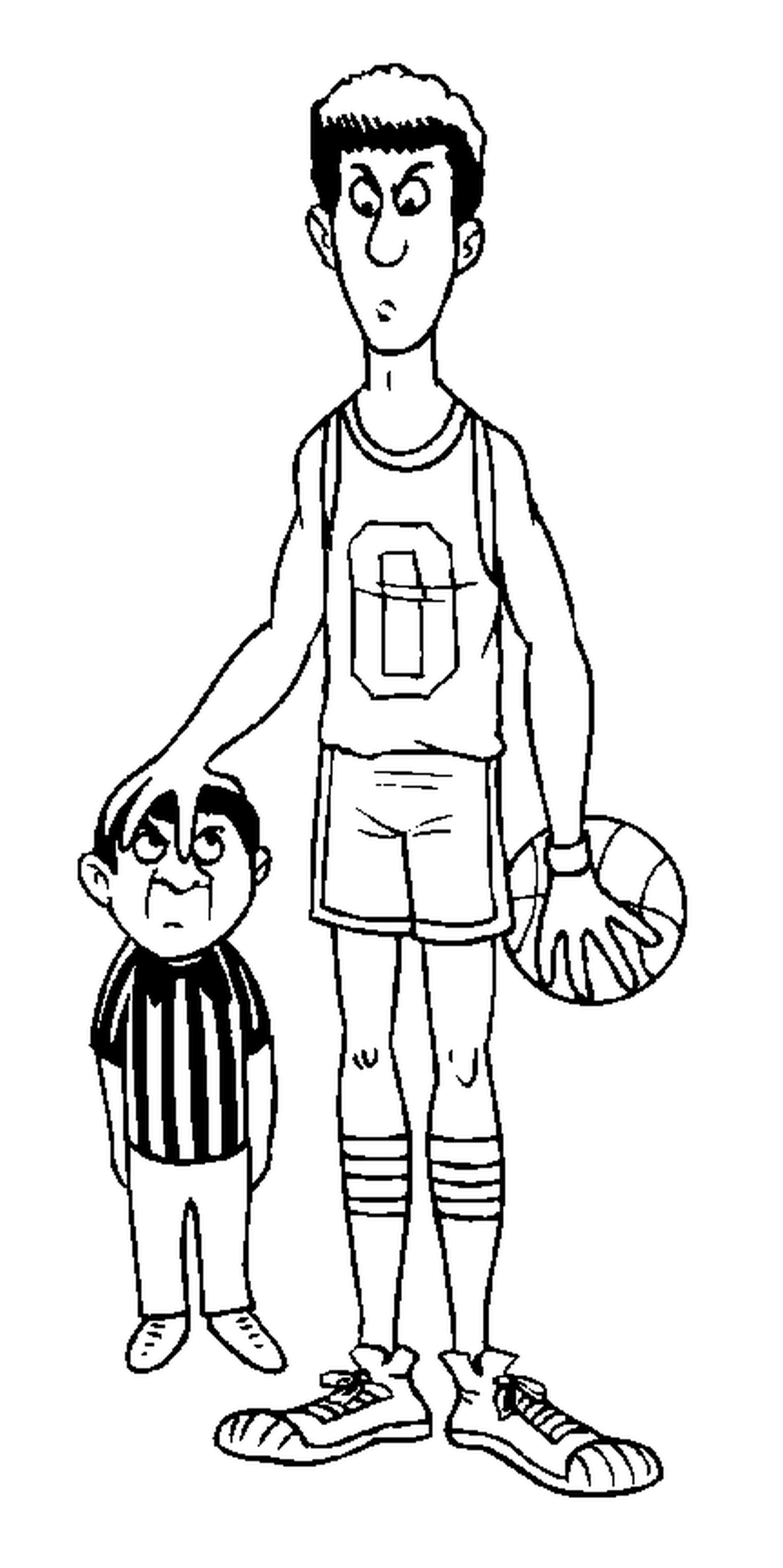  Um jogador de basquete com um pequeno árbitro 
