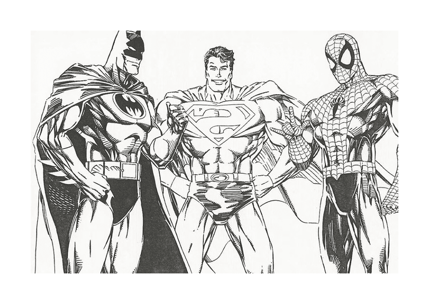  مجموعة من الأبطال الخارقين يقفون جنباً إلى جنب جنباً إلى جنب، بما في ذلك (باتمان) و(سبايدرمان) و(سوبر مان) 
