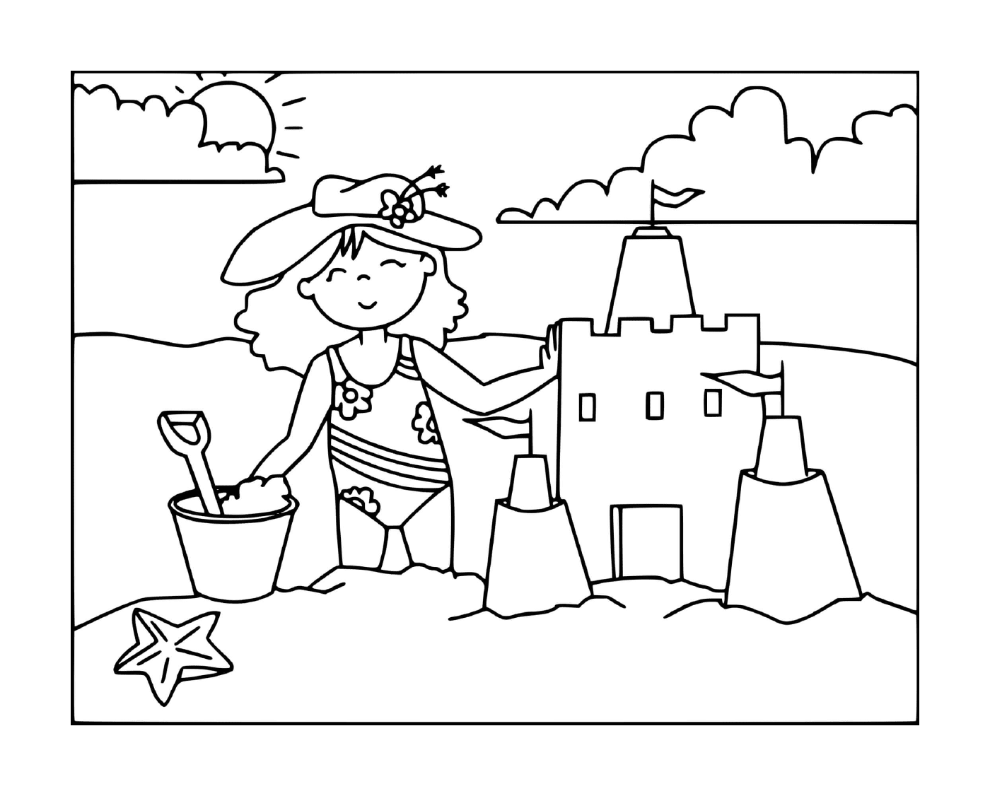  Uma menina constrói um castelo de areia na praia 