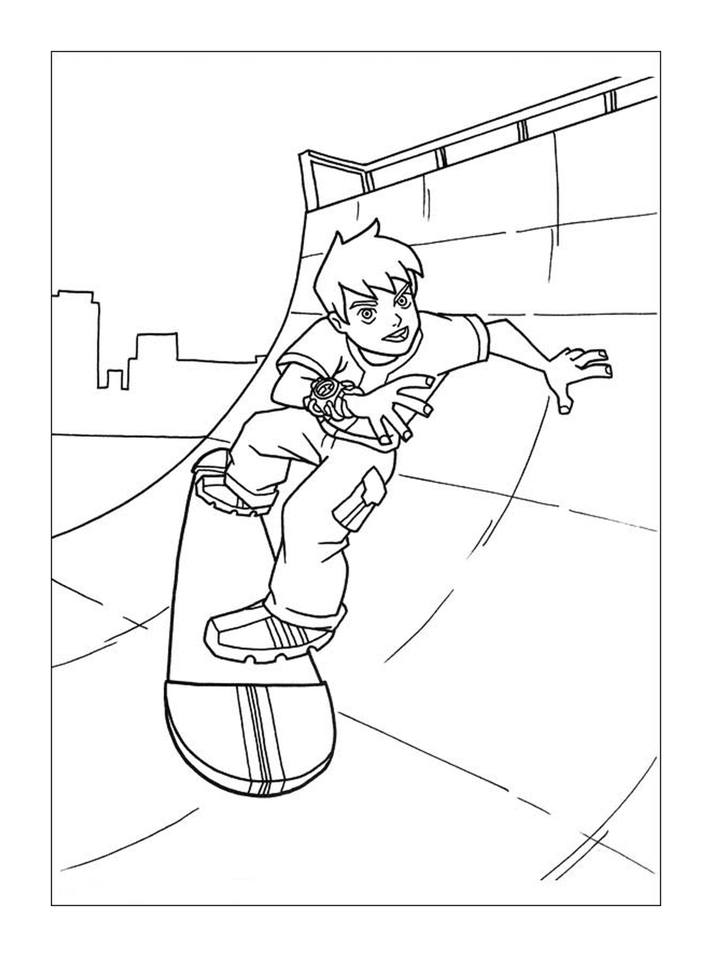  一个男孩在滑板上 