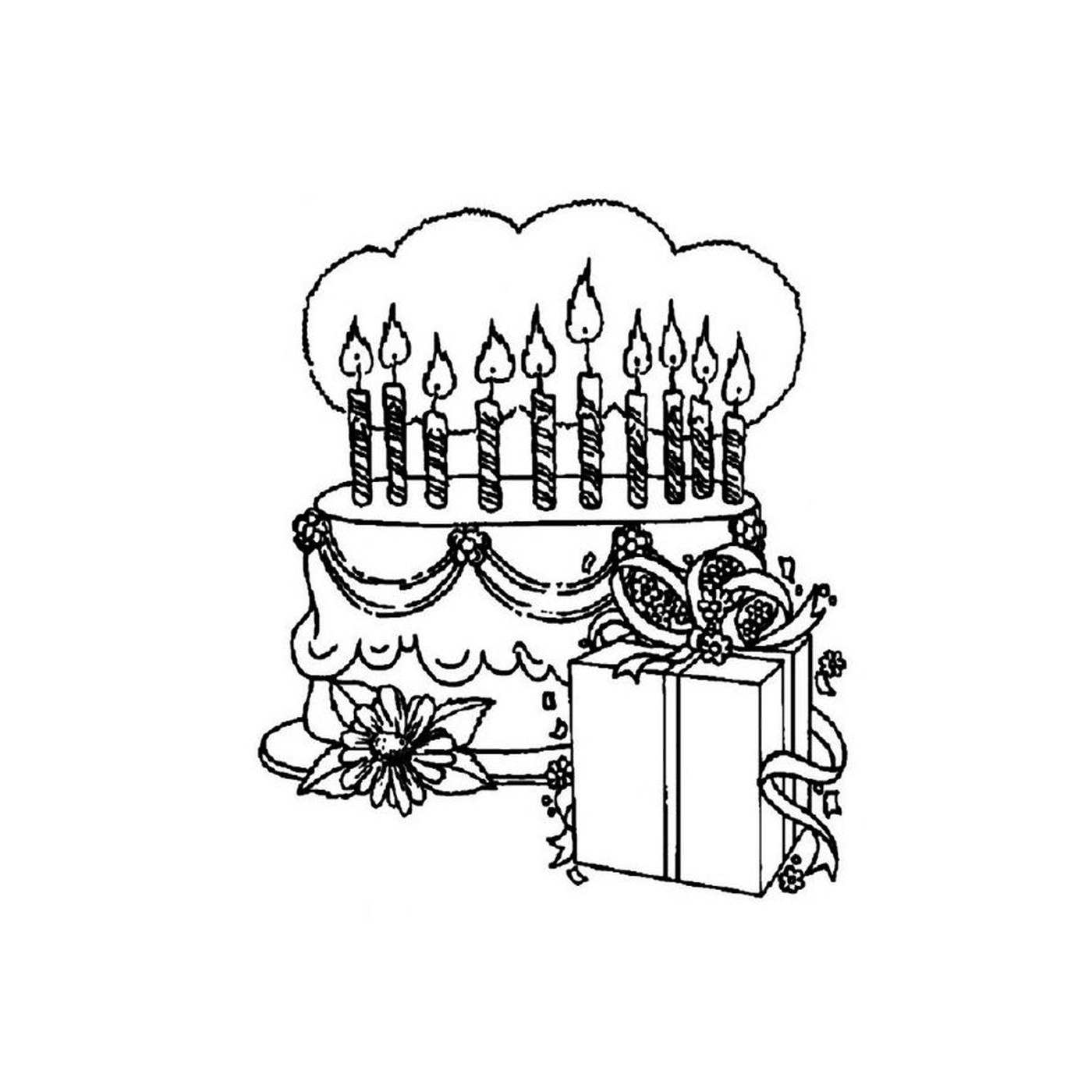  Bolo de aniversário e caixa de presente em uma mesa 