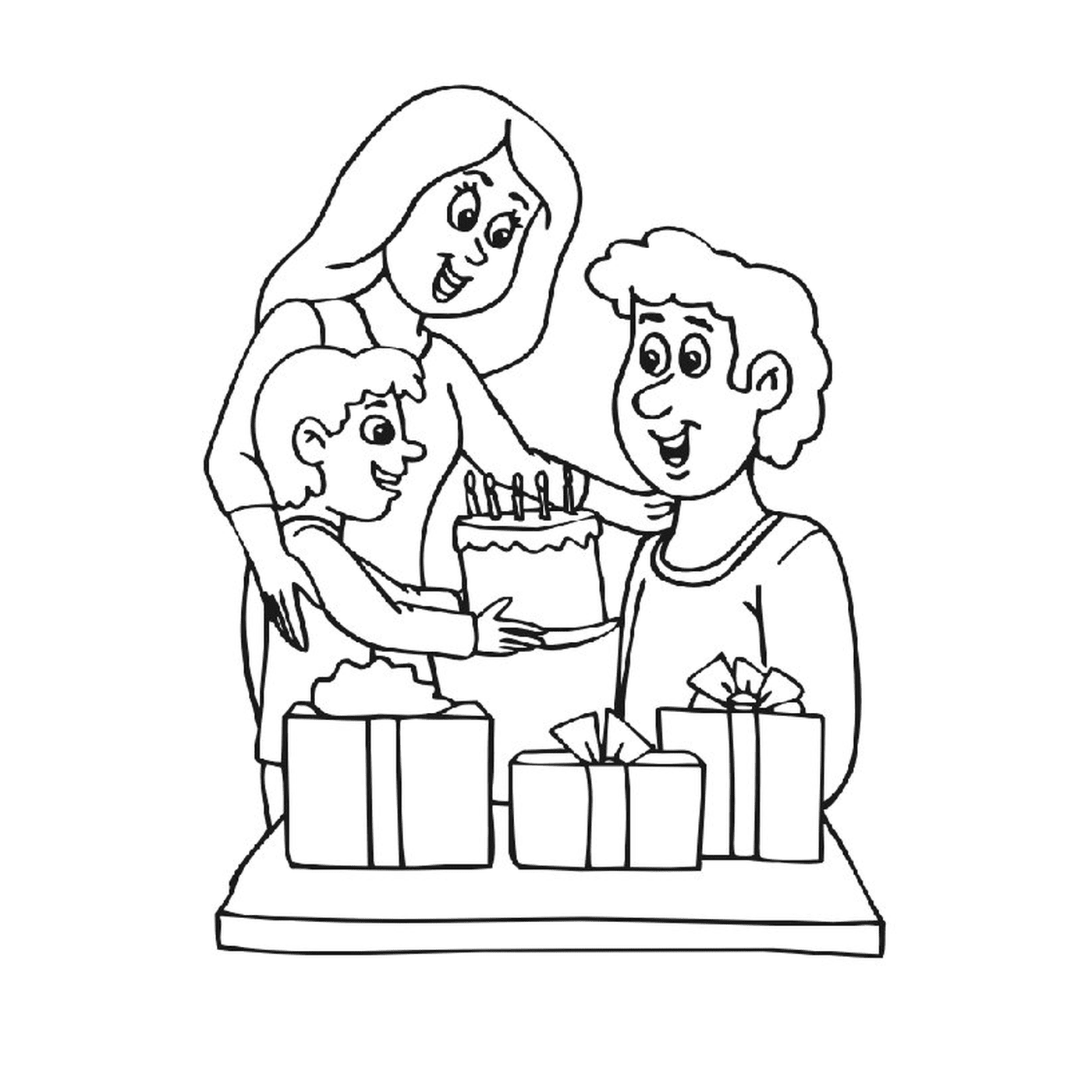  Um menino e uma mulher com um bolo 