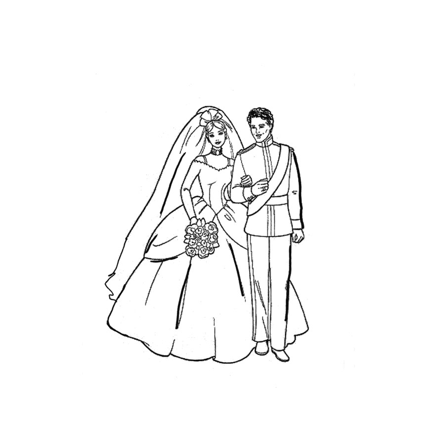  Um homem e uma mulher em um vestido de casamento segurando juntos 