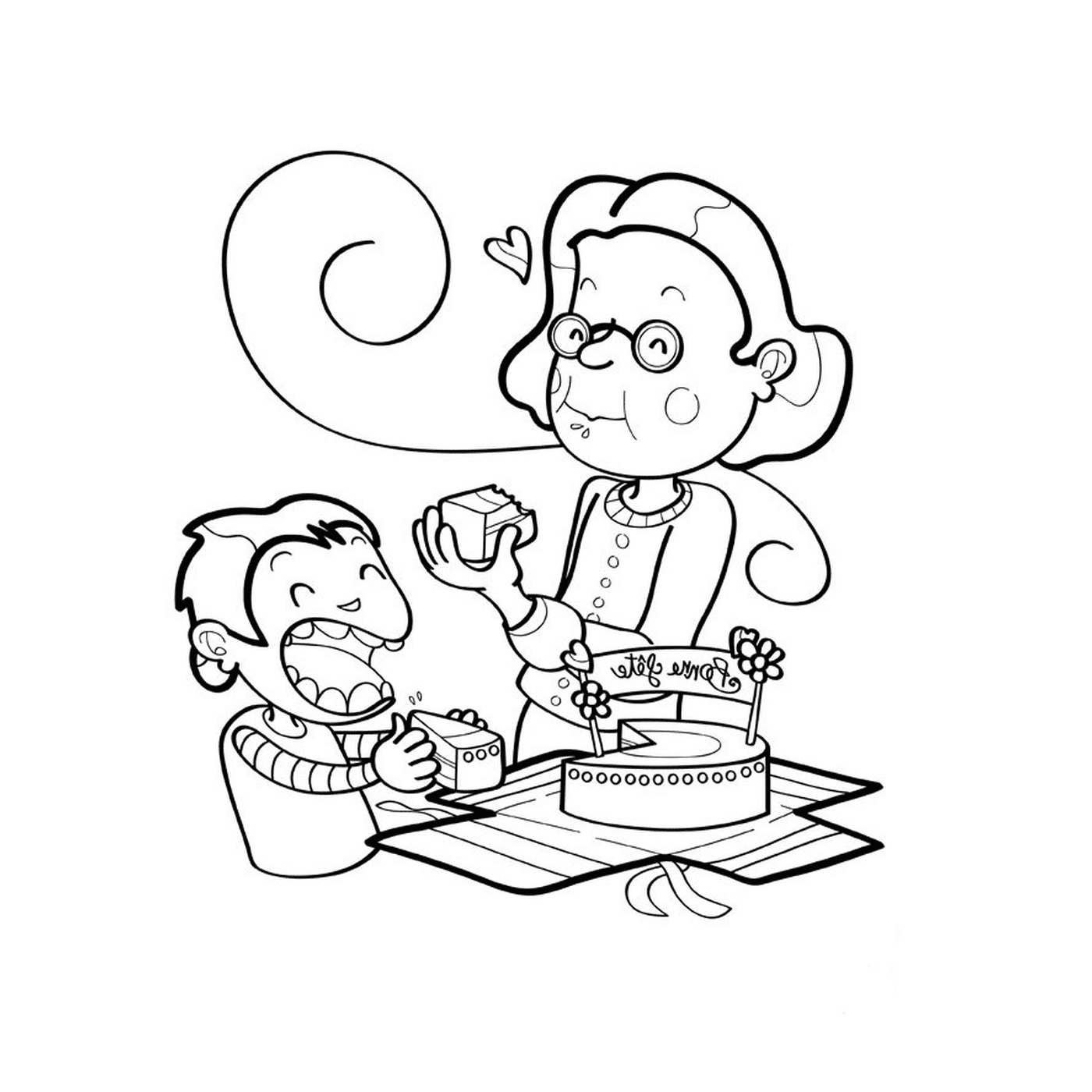  Uma mulher velha e um macaco comendo bolo 