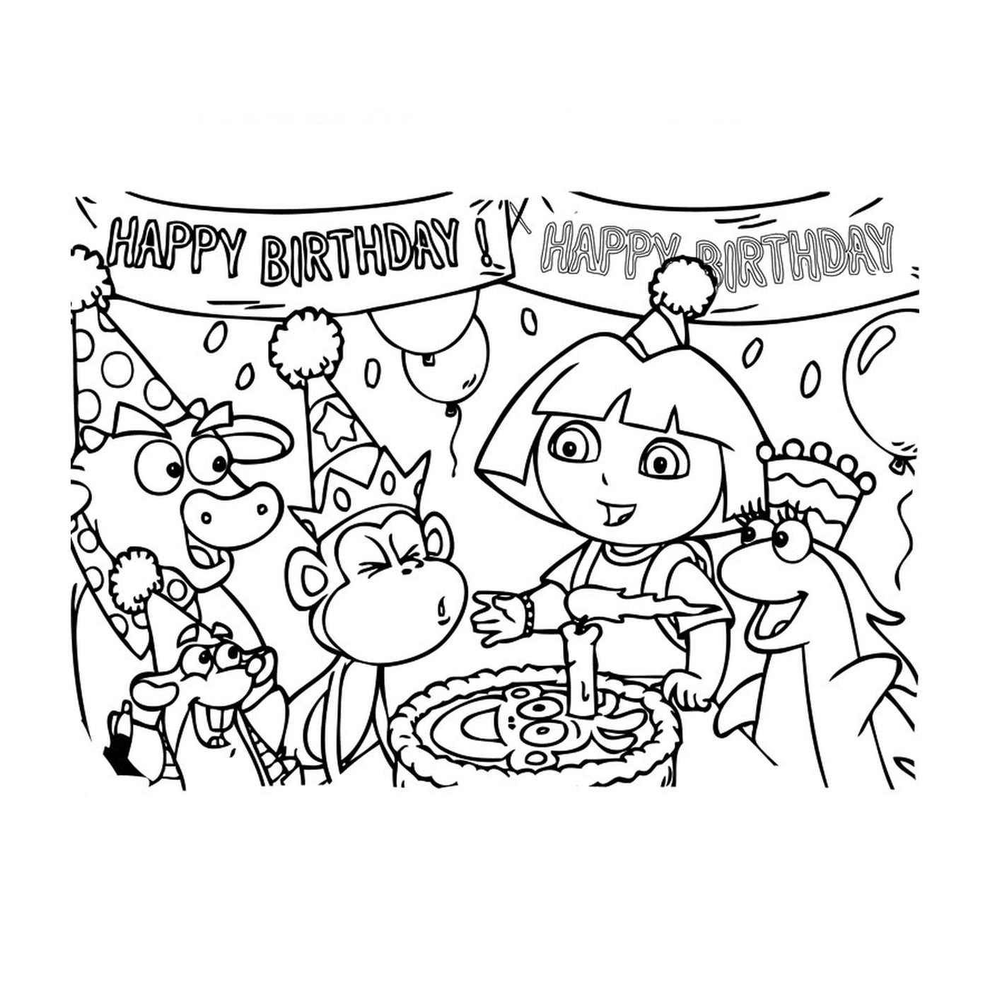  uma cena de festa de aniversário com uma menina e animais 