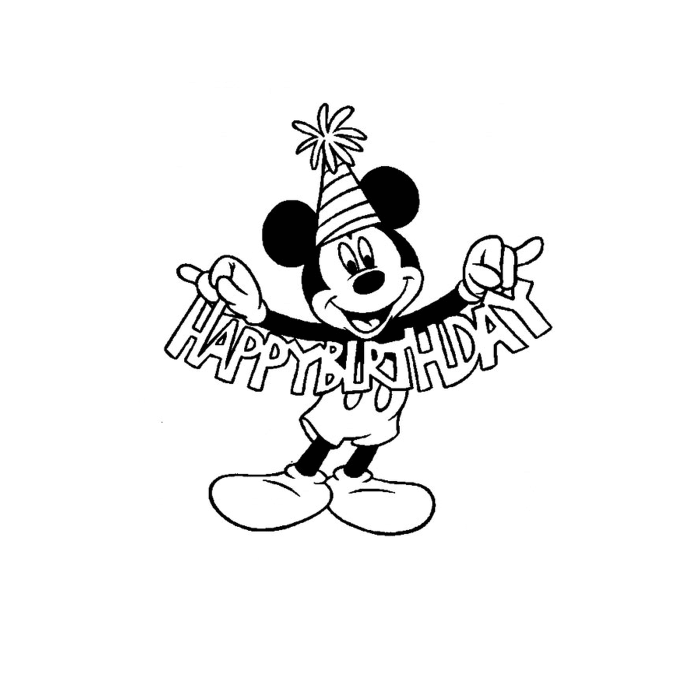  Mickey Mouse segurando um sinal de feliz aniversário 