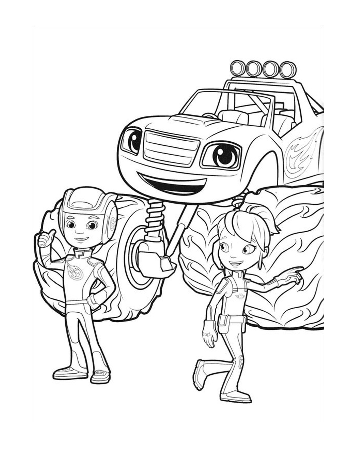  एक लड़का और एक लड़की ट्रक के बगल में खड़े हैं 