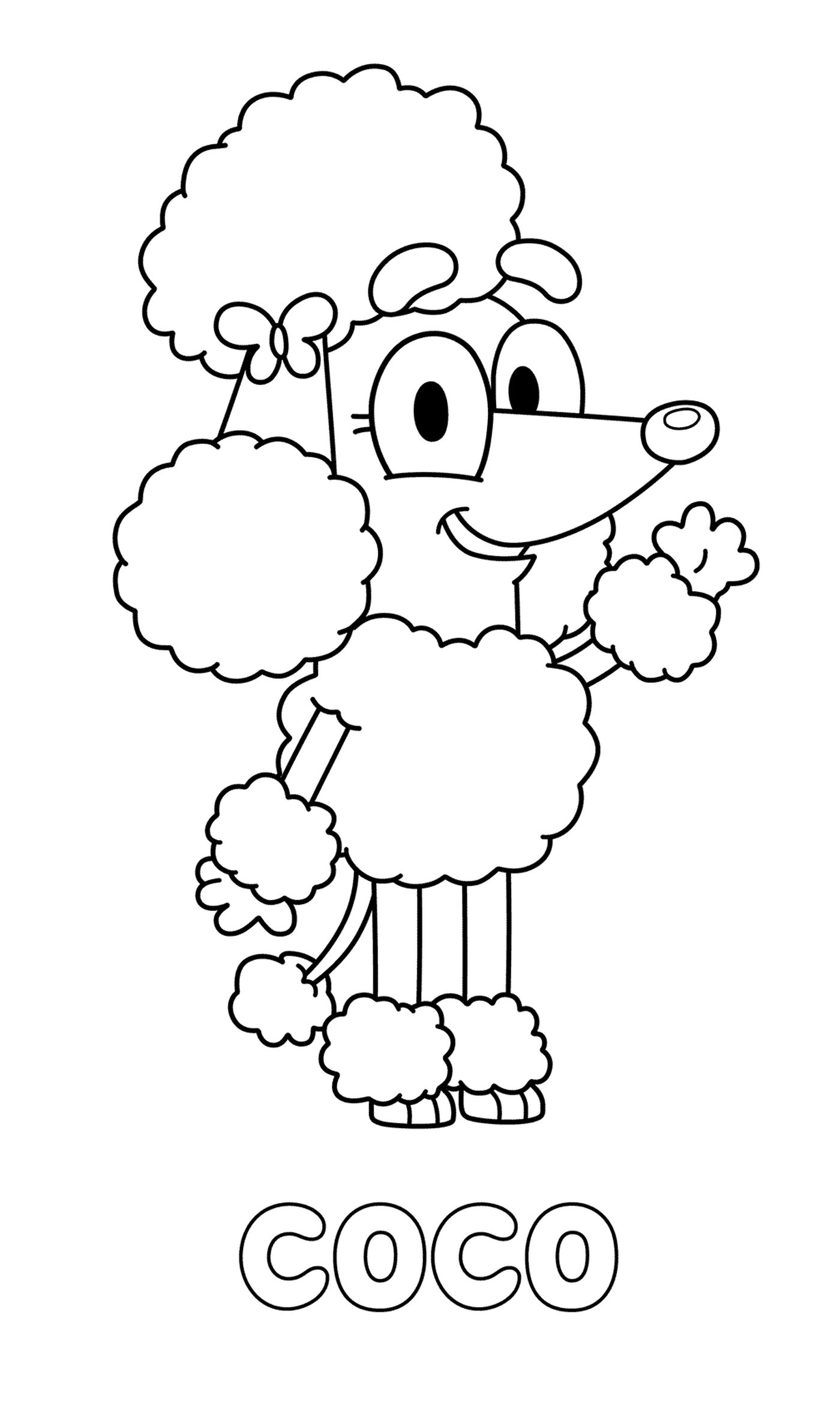  Um poodle de desenho animado chamado Coco com uma flor na cabeça 