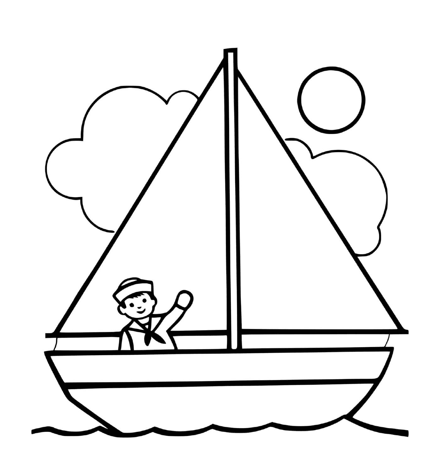  Um homem em um barco com um sol e um capitão 