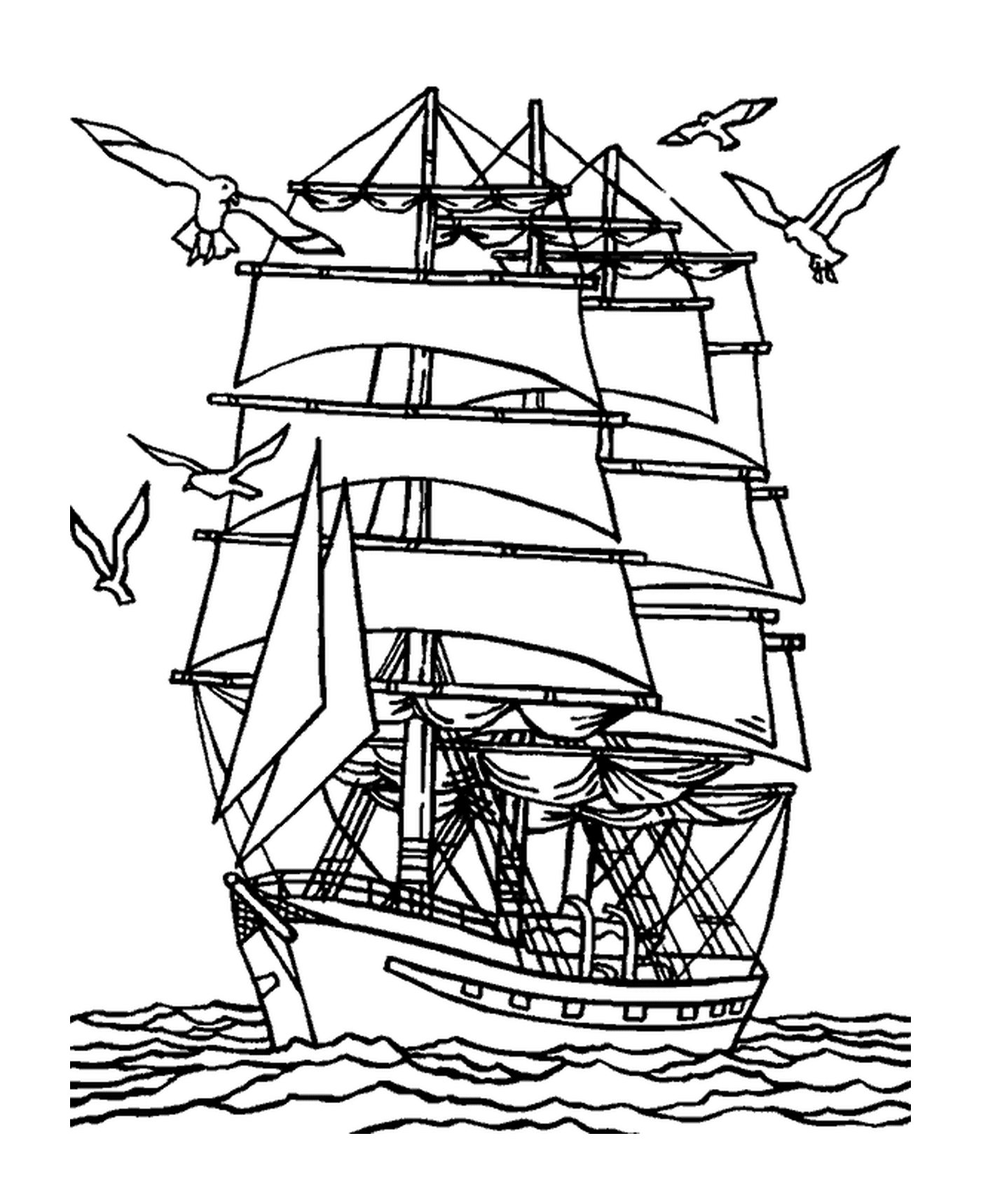  Um navio perto da costa com gaivotas 