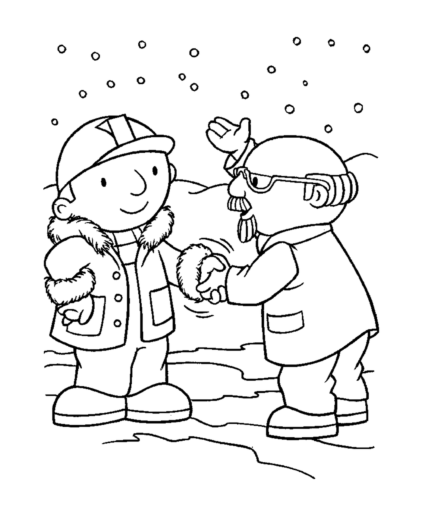  Duas pessoas apertam as mãos na neve 