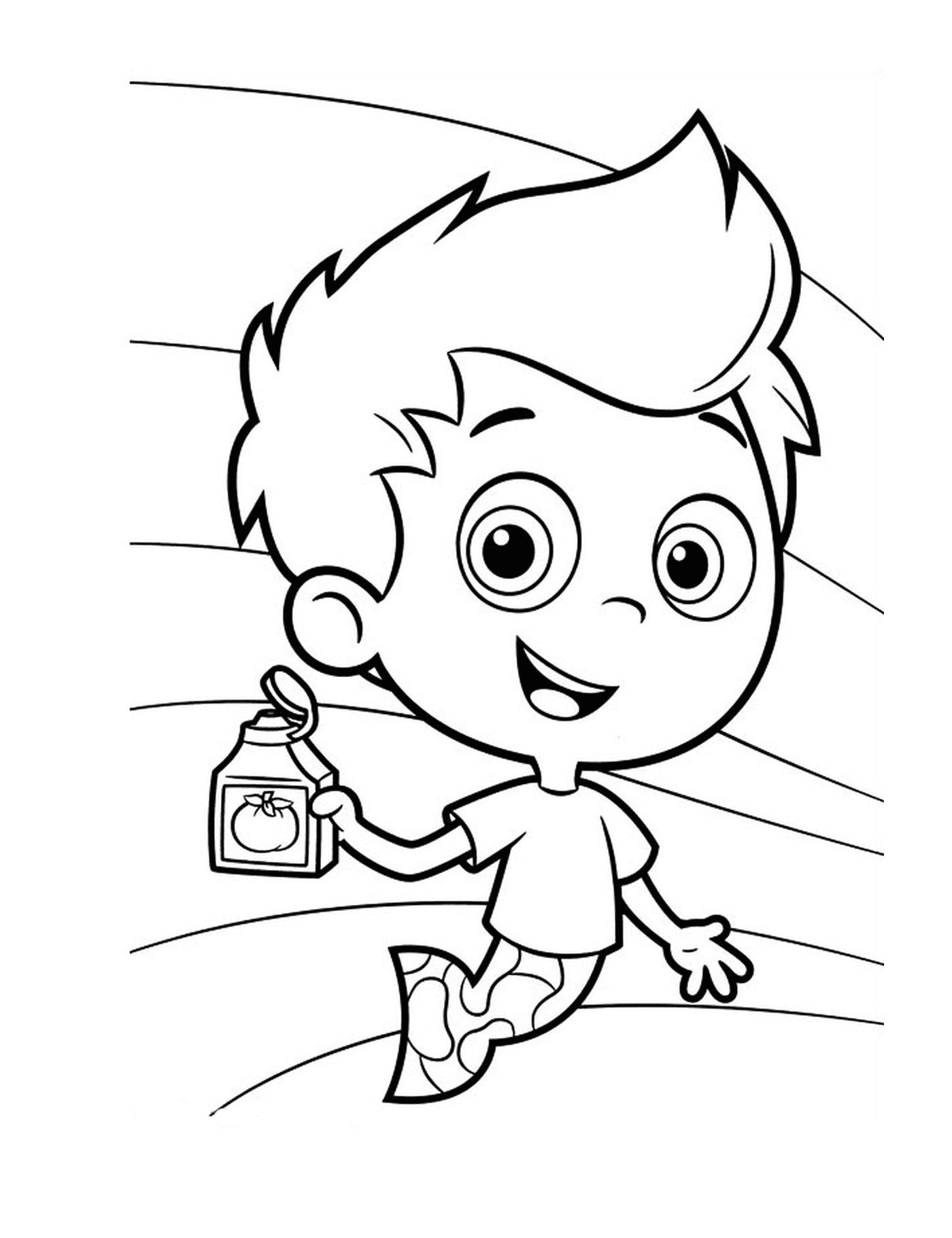  Um menino segurando uma garrafa de suco de tomate 