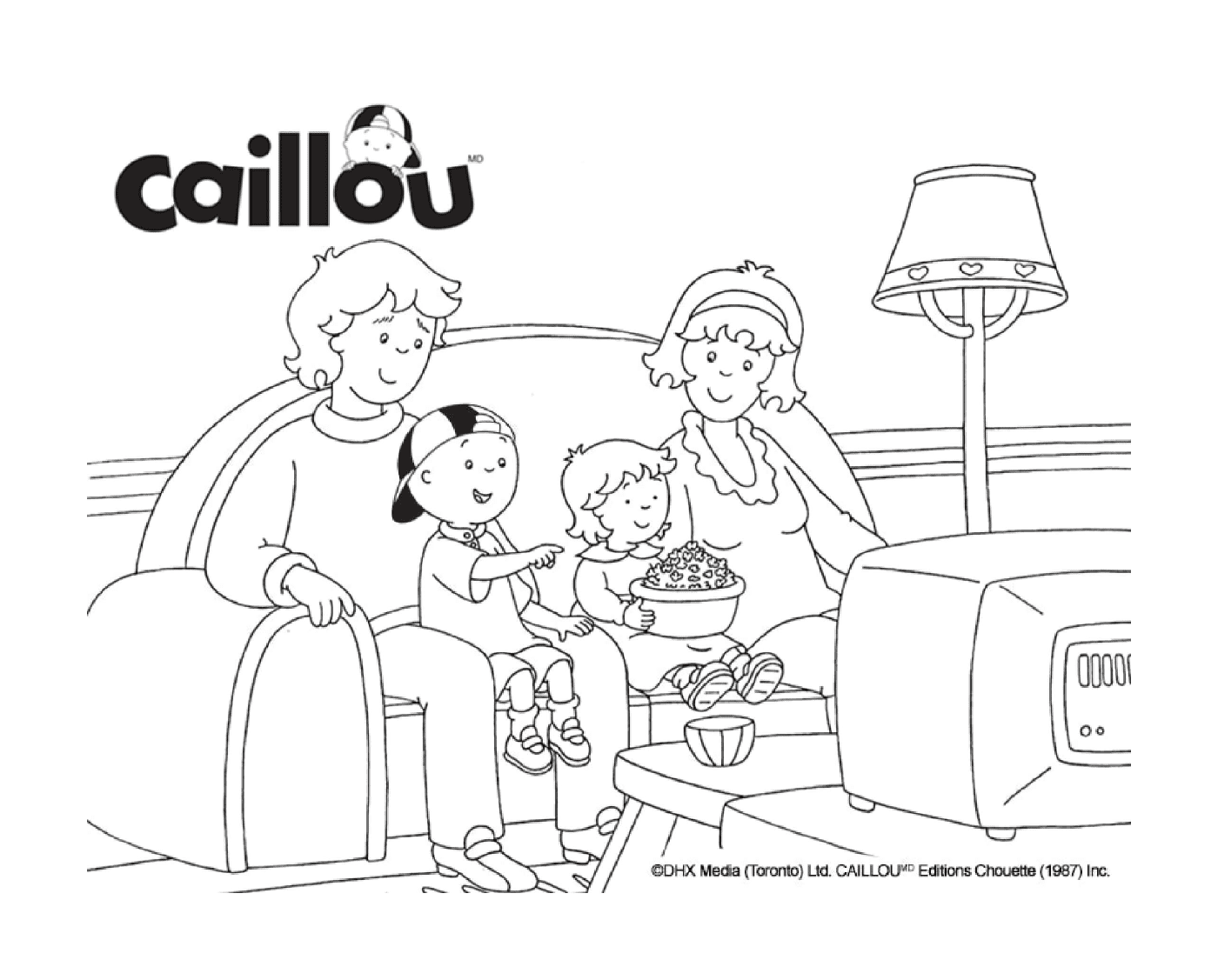  A família Caillou está assistindo a um filme na televisão 