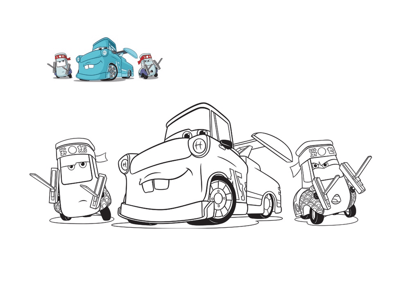  Carros 3, Guido e seus amigos, caminhão de reboque mecânico, linha de um carro com um carro no chão 